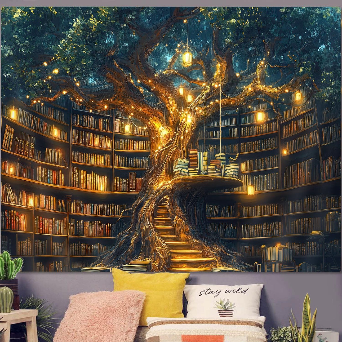 GOAOK Fantasy Library Tapestry For Classroom, Mysterious Tree Magic Bookshelf Aesthetic Tapestries, Witchy Fairytale Tree Vintage Bookshelf Book Art Tapestry Wall Hanging College Room Bedroom, 60"X40"