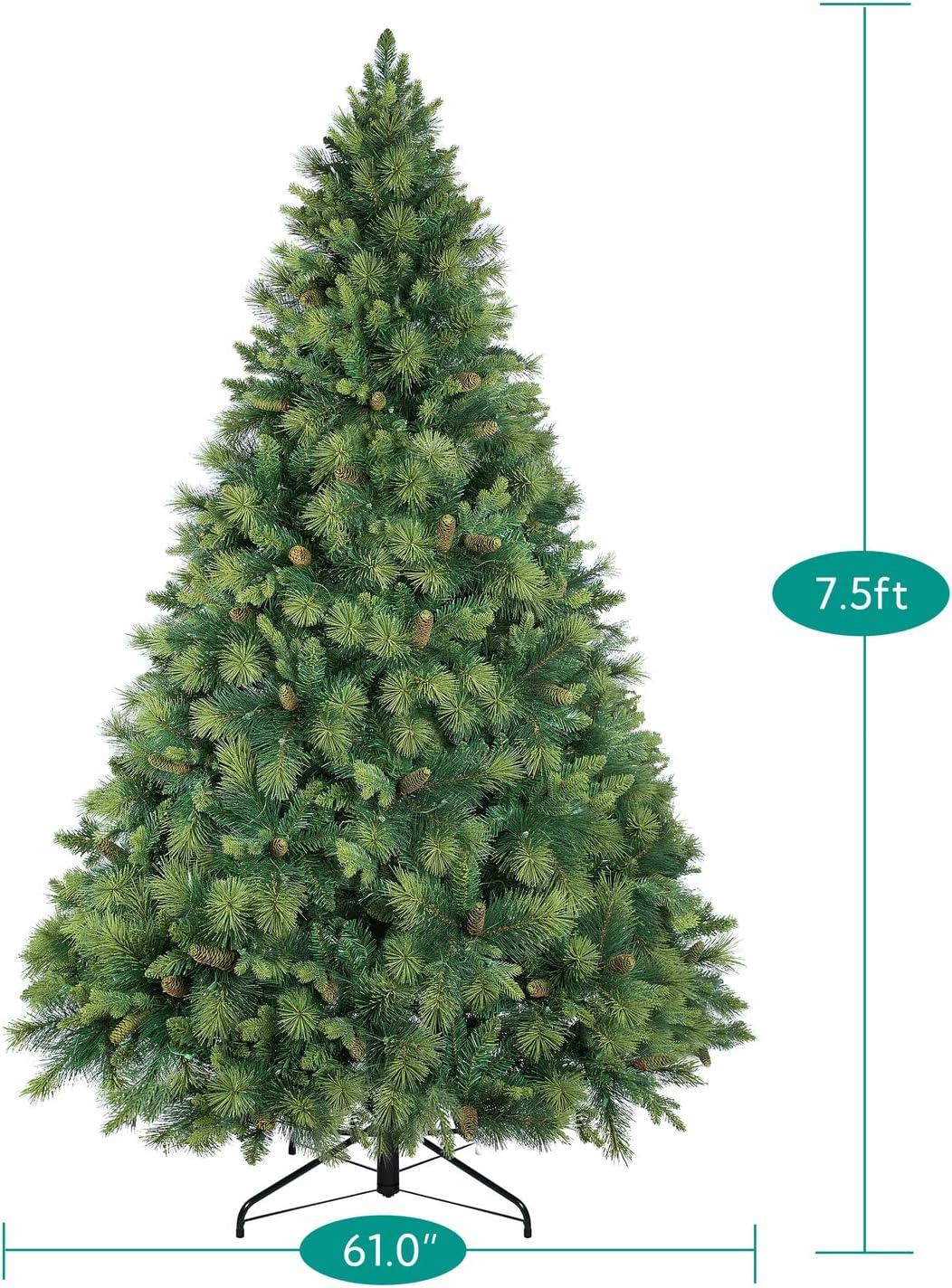 Naomi Home Vail 7.5ft Prelit Artificial Christmas Tree with Pine Cones, Foot Pedal, 1556 Branch Tips, 750 Warm Lights and Metal Stand, 61" Wide Realistic Traditional Christmas Tree with Lights