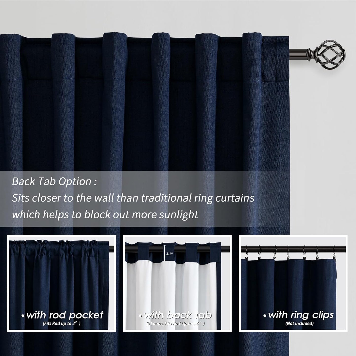 BOODII Room Darkening Curtains Navy Blue Black Out Curtains 96 Inches Long 2 Panels Back Tab Blackout Linen Curtain for Sliding Door Modern Farmhouse Living Room Window Drapes Soundproof 52x96
