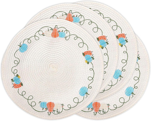 Whaline 4Pcs Round Fall Placemats Pumpkin Embroidered Place Mats Autumn Dinner Table Mats for Home Harvest Thanksgiving Holiday Party Decor