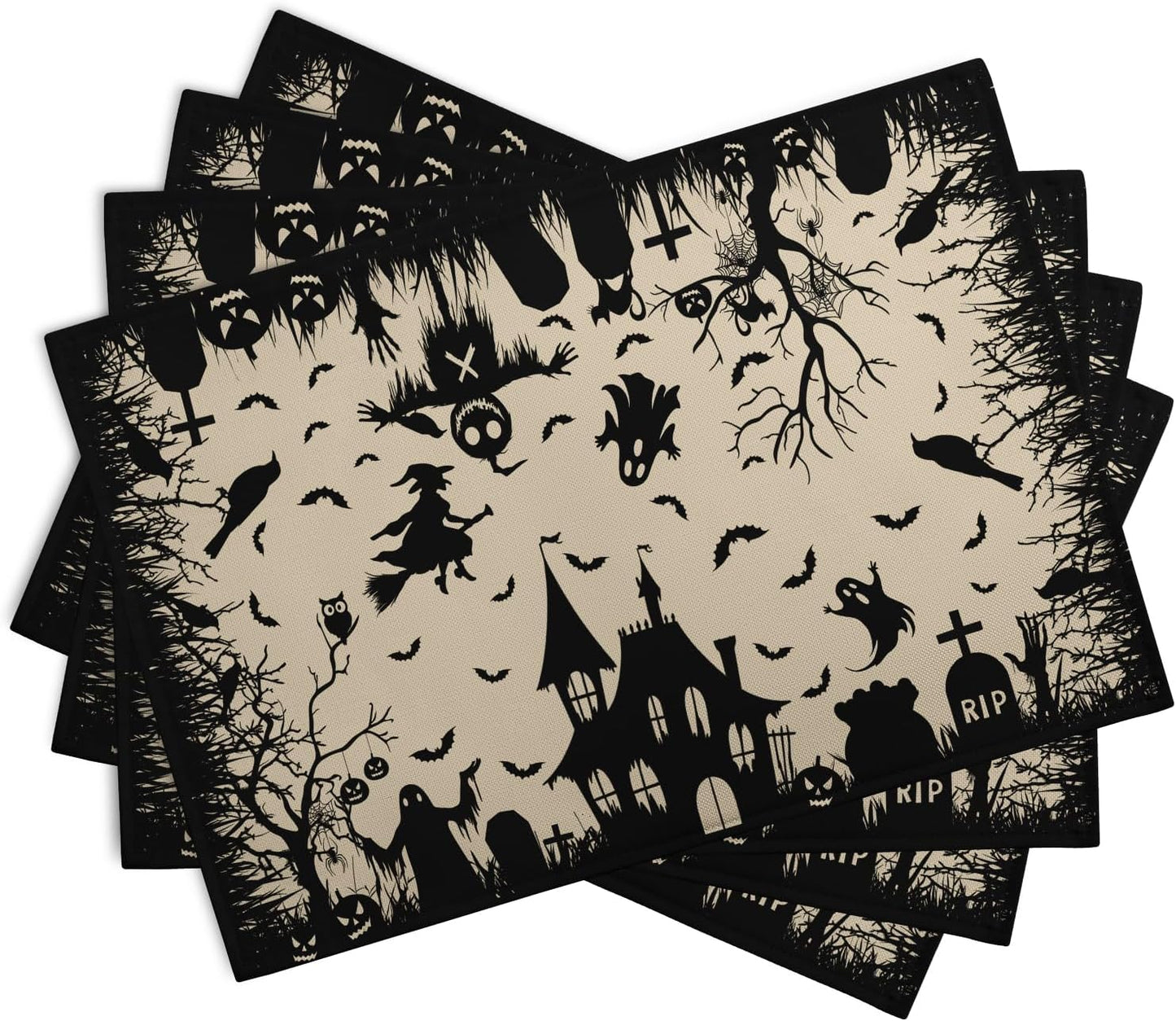 Halloween Placemats 12x18 Inch Set of 4 Black White Witch Castle Ghost Place Mats Spooky Haunted House Bats Tree Crow Table Mat for Party Kitchen Dining Outdoor Indoor Decor