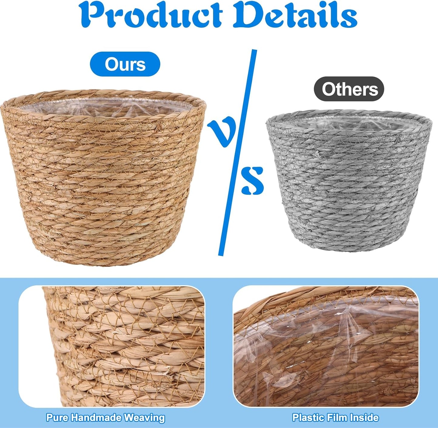 4 Pcs Large Premium Seagrass Planter Basket with Plastic Lining Natural Stylish Planter Baskets Indoor Outdoor Plants Woven Wicker Baskets for Plants Flower Pots Cover and Room Decor(10.2x7.5x7.5")