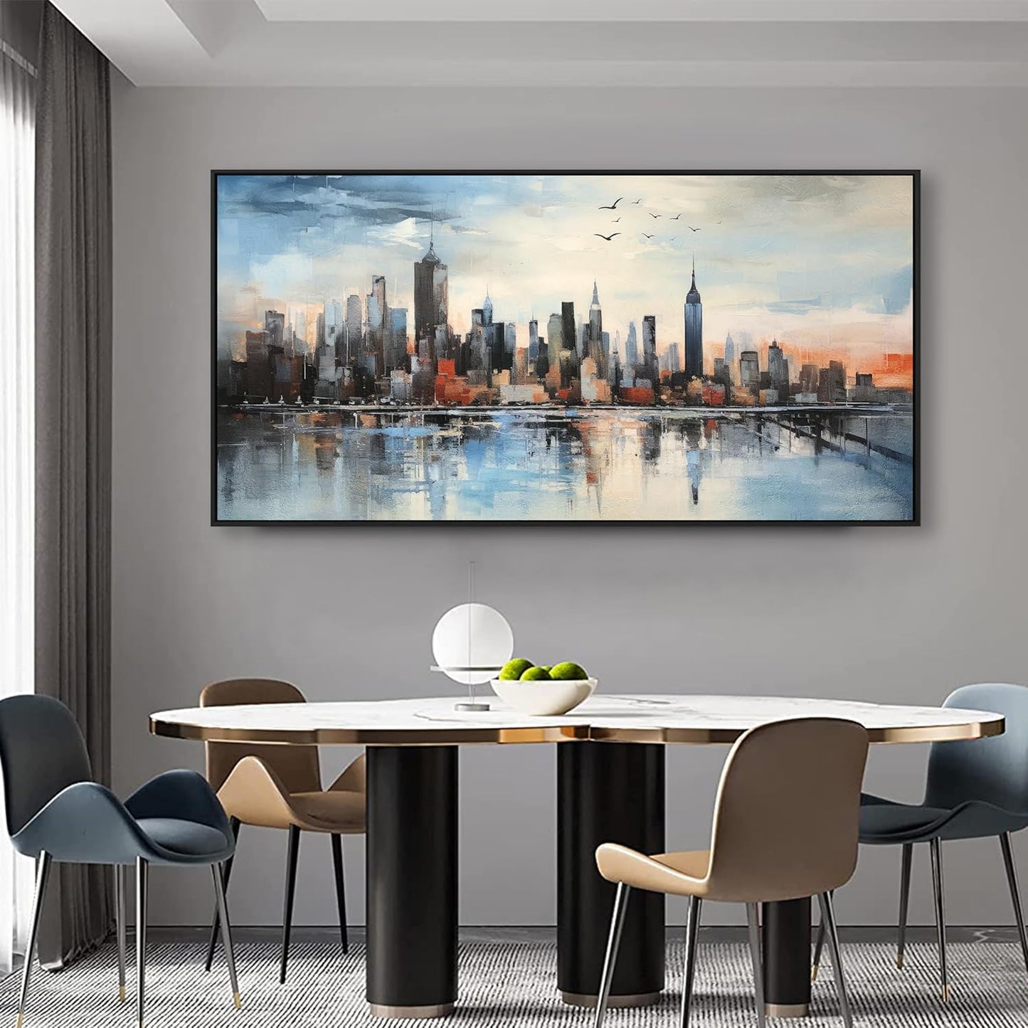 Wall Art Framed Abstract Cityscape Wall Decor Canvas Prints Blue Colorful City Theme Paintings Modern Artwork for Living Dining Room Bedroom Office Decoration 20"x40"