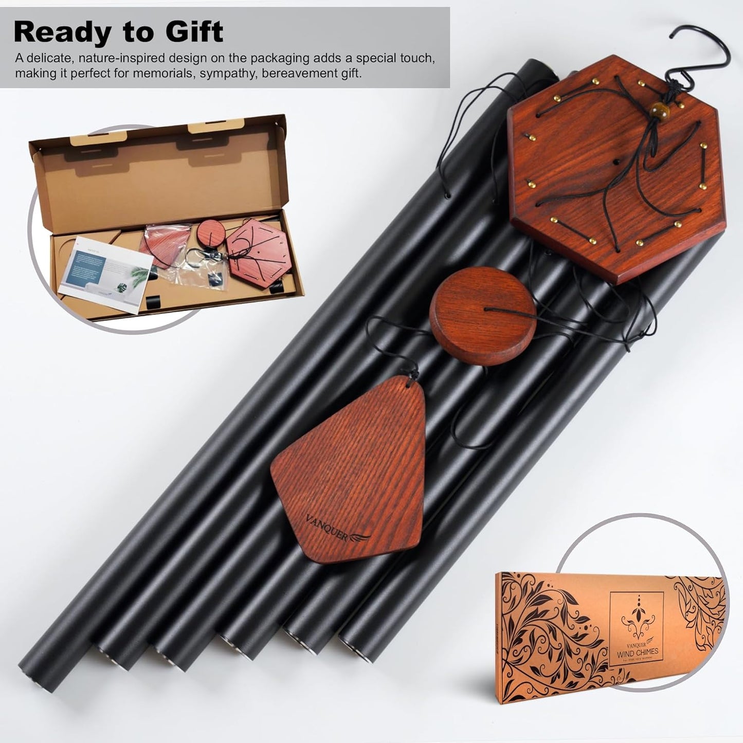 Vanquer Large Wind Chimes for Outside Deep Tone - 46'' Wind Chimes Outdoor Clearance, Windchimes Outdoors, Memorial, Sympathy Gift, Patio, Home Décor, Vintage Black (46" Ash Wood)