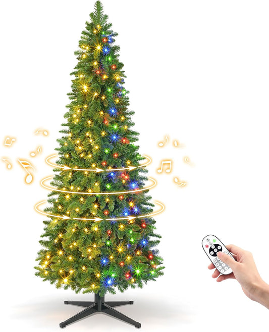 6.5ft Slim Pencil Christmas Tree Pre-lit, Remote Control, Rotating & Foldable Stand, RGB & Warm White Light for Home Decor