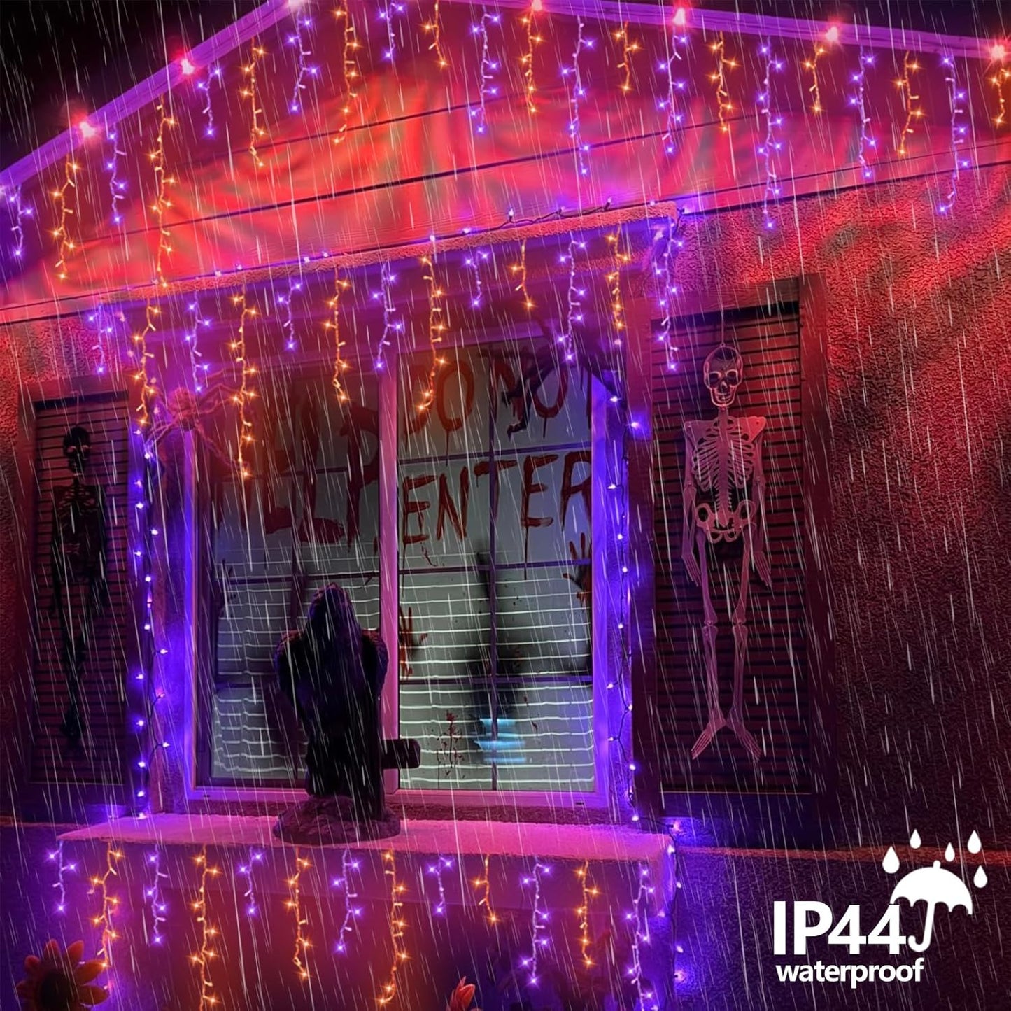 YEGUO 66ft 800 LED Orange and Purple Icicle Halloween Lights, 160 Drops Icicle Lights Connectable, 8 Modes Icicle Christmas Light with Memory Timer
