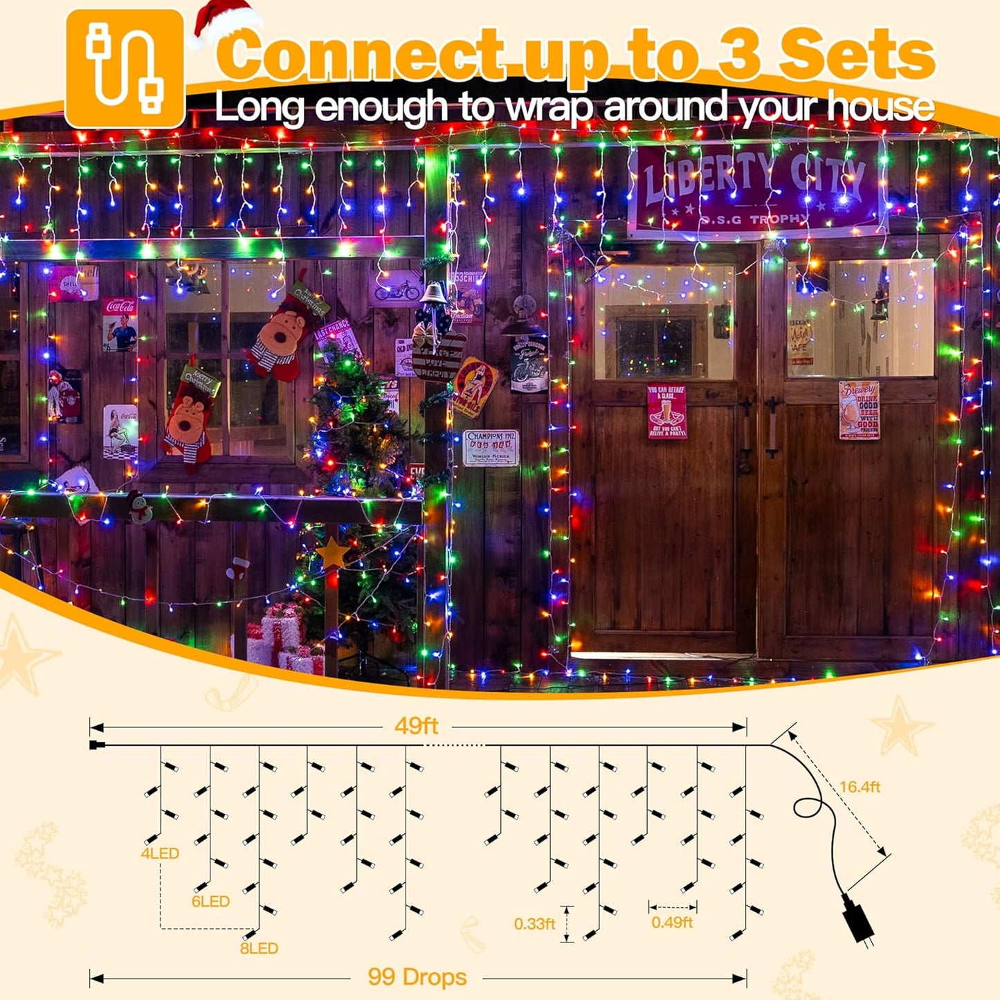 Ollny Icicle Lights Outdoor Multicolor, 594LED 49FT Christmas Lights with Remote 8 Modes Dimmable, Waterproof Connectable Timer Hanging Light for House Outside Yard Indoor Decorations