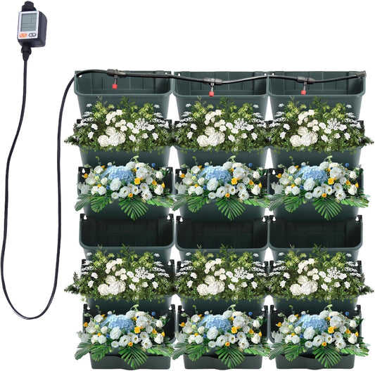 Self-Watering Wall-Mounted Planter, Vertical Garden Planter Set with 18 Pots, Stackable Plant Grow Pots with Electronic Timer for Growing Veggies, Fruits, Herbs, Flowers.