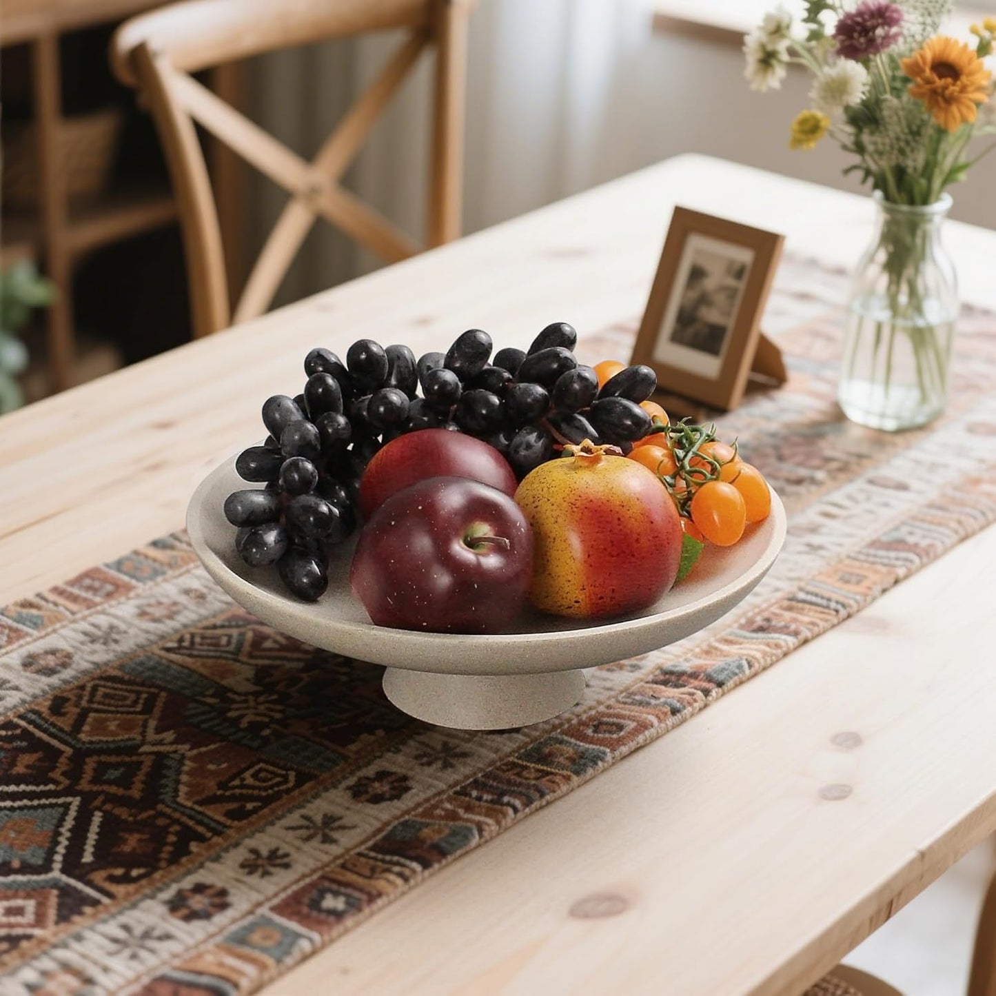 Modern Resin Pedestal Decorative Bowl, Large Fruit Bowl for Kitchen Counter, Stylish Key Bowl for Entryway Table, Beige