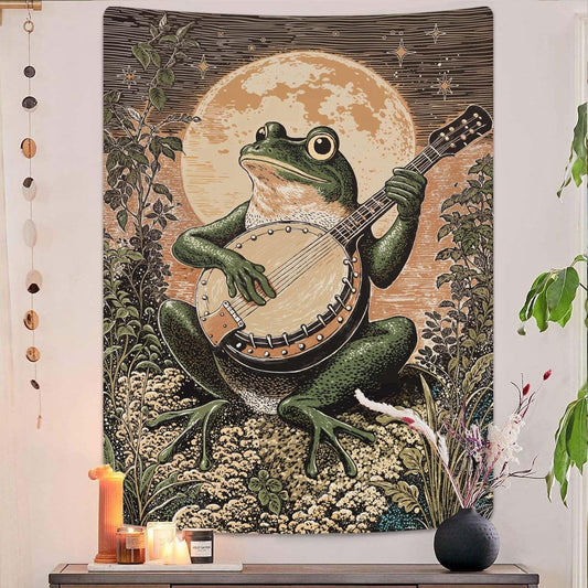 Lunerfex Moonlit Banjo Frog Wall Tapestry, Whimsical Amphibian Musician Tapestries for Room Decor, Folk Art Tapestry 36L x 48W