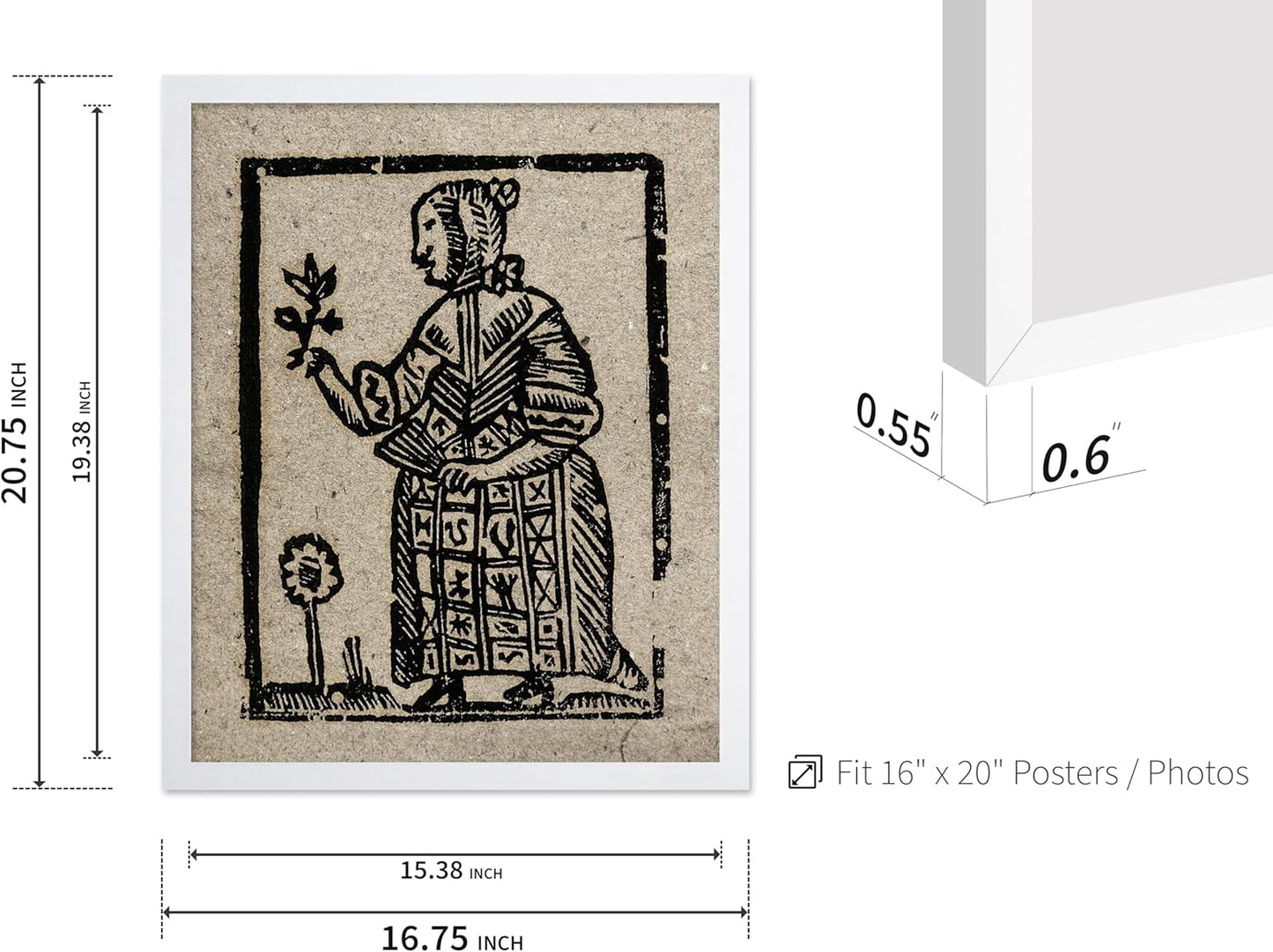 Poster Master Vintage Woodcut Poster - Retro Medieval Print - Gift for Gothic, Horror Fan - Witch Holding a Plant, Magic, Spell, Herbalist - Wall Decor for Bedroom, Dorm, 16x20 White Framed