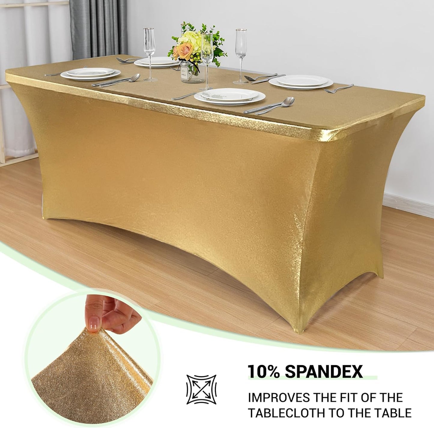Obstal 6ft Stretch Spandex Table Cover for Standard Folding Tables - Universal Rectangular Fitted Tablecloth Protector for Wedding, Banquet and Party, 72L x 30W x 30H Inches, Stamping Gold, 2pc