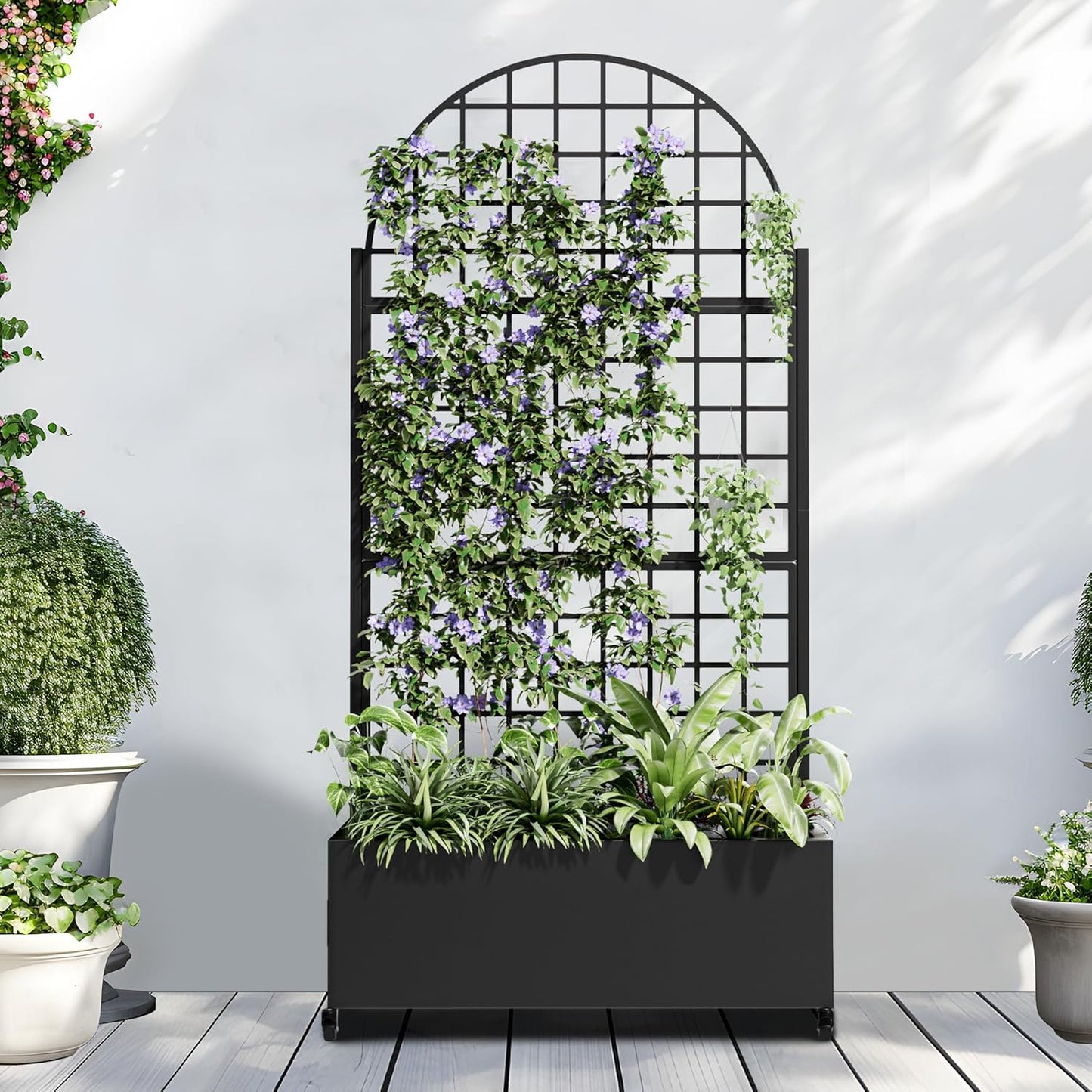 Casaphoria Metal Raised Garden Bed with Trellis and Wheels, 72"x35"x16" Arched Planter Box for Climbing Plants, Vegetables & Vines, Features Drainage Holes and Privacy Screen (Black-Grid)
