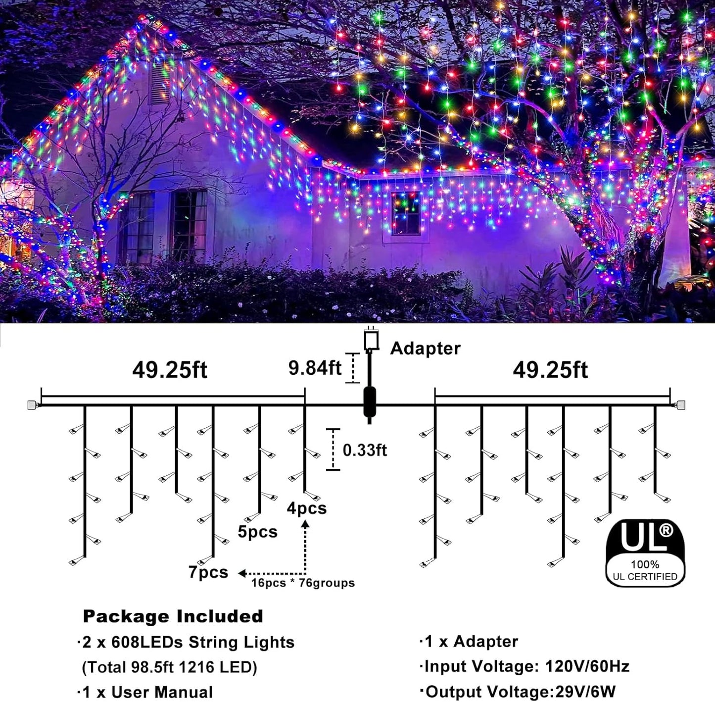 Icicle Christmas Lights, 98FT 1216 LED Icicle Lights for Outside with 228 Drops, 8 Modes Waterproof Twinkle String Lights for House Bedroom Wedding Holiday Decorations, Multicolor