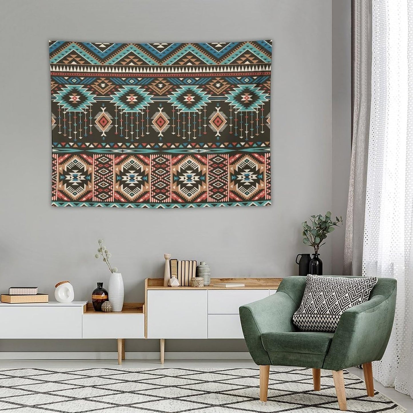 HZOHNAGO Aztec Tapestry Turquoise Blue and Brown and Native American Tribal Pattern Printed Wall Tapestry Wall Hanging for Bedroom Living Room Dorm 40" W x 30" H