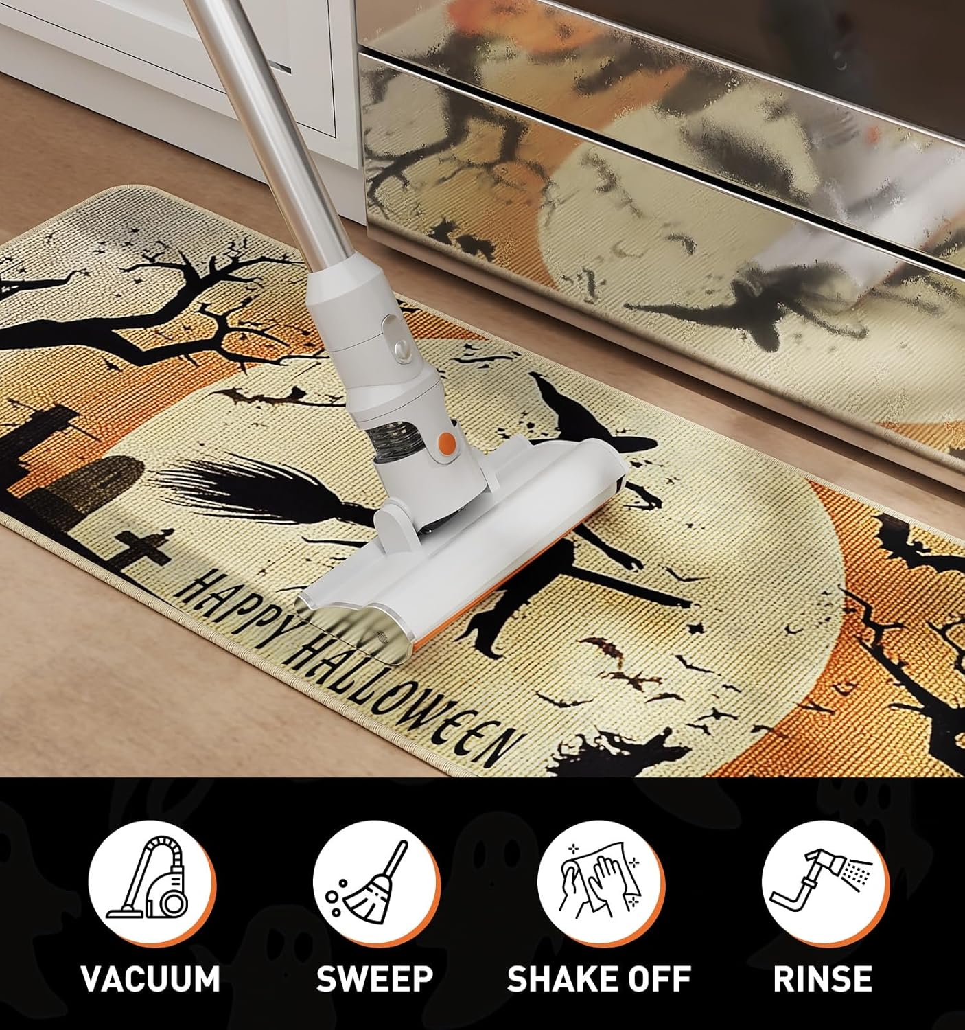 Halloween Kitchen Mat Set of 2, Spooky Witch Pumpkin Cat Halloween Kitchen Decor, Halloween Rug for Floor, Indoor Spooky Home Decor with Non-Slip Backing,17 x 29 Inch & 17 x 47 Inch