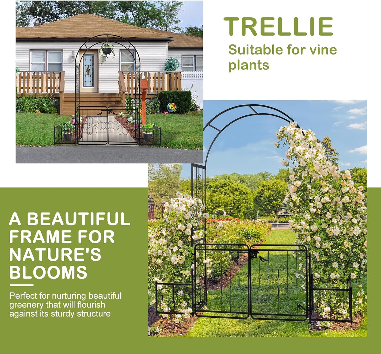 Outvita 7FT Garden Arch Arbor with Entry Door and Plant Frame, Heavy Duty Metal Arbour Archway, Decorative Frame Stand Trellis with Ground Stakes for Wedding Ceremony Party Plant Patio Black