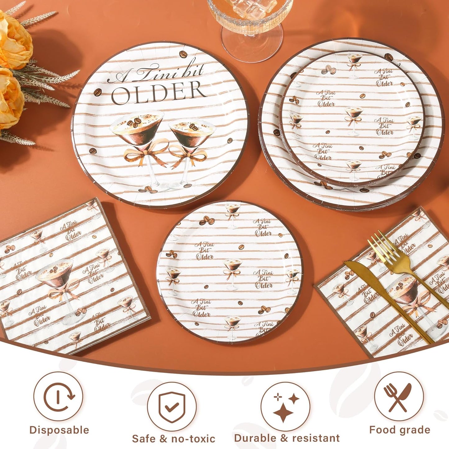 150Pcs Tini Bit Older Martini Decor Martini Plates Napkins A Tini Bit Older Plates Disposable Martini Party Dinner Dessert Plates for Espresso Birthday Bar Bachelorette Party,Serves 50