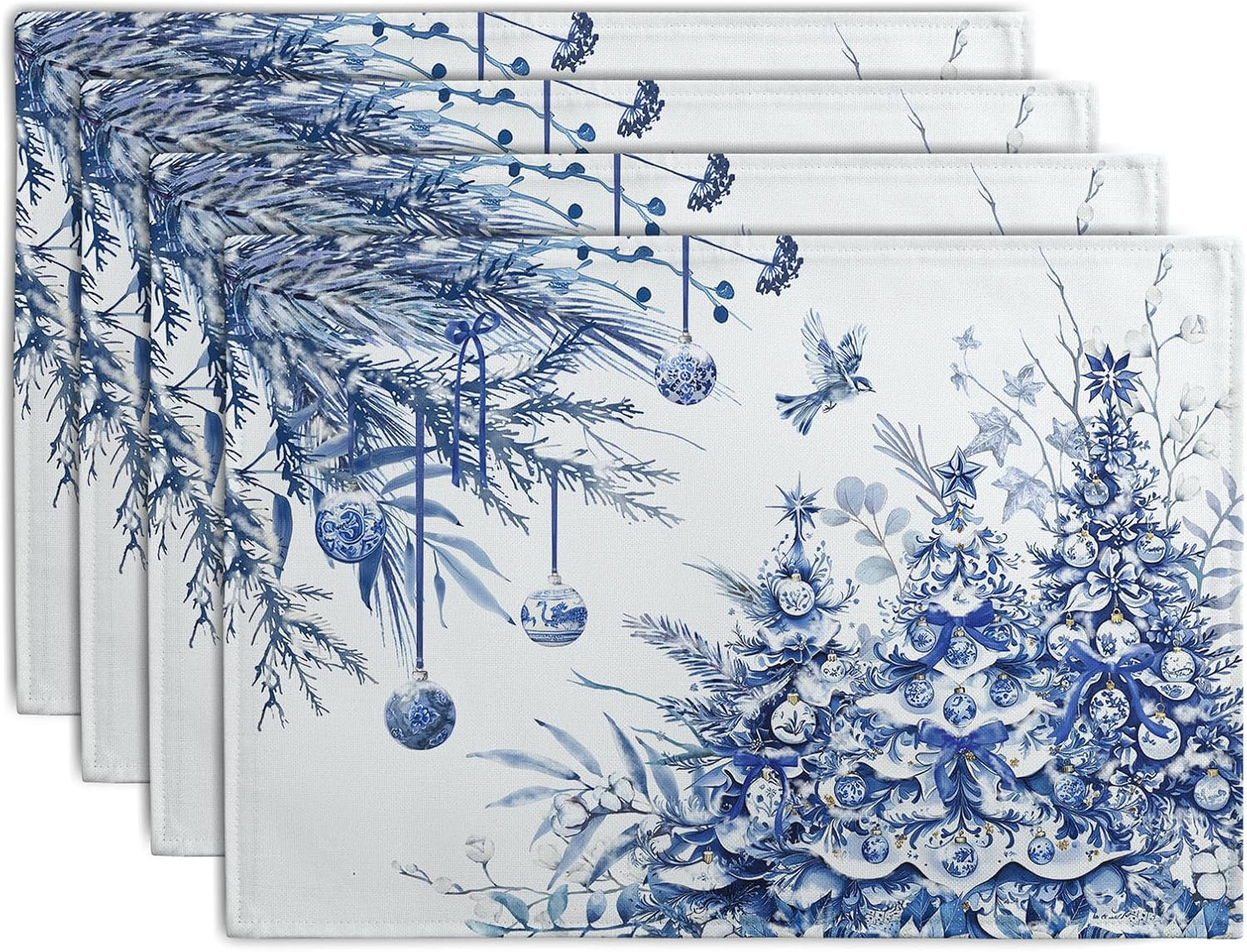 Blue and White Christmas Tree Placemats Set of 4, 12x18 Inch Chinoiserie Xmas Place Mats Winter Holiday Washable Linen Table Mats for Party Kitchen Dining Outdoor Indoor Decor