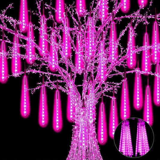 【4 Pack】 Christmas Meteor Shower Rain Lights 20inch, Totally 40 Tube 1440 LEDs Icicle Light Outdoor Raindrop Lights for Xmas Halloween Wedding Party Tree Holiday Decoration, Pink