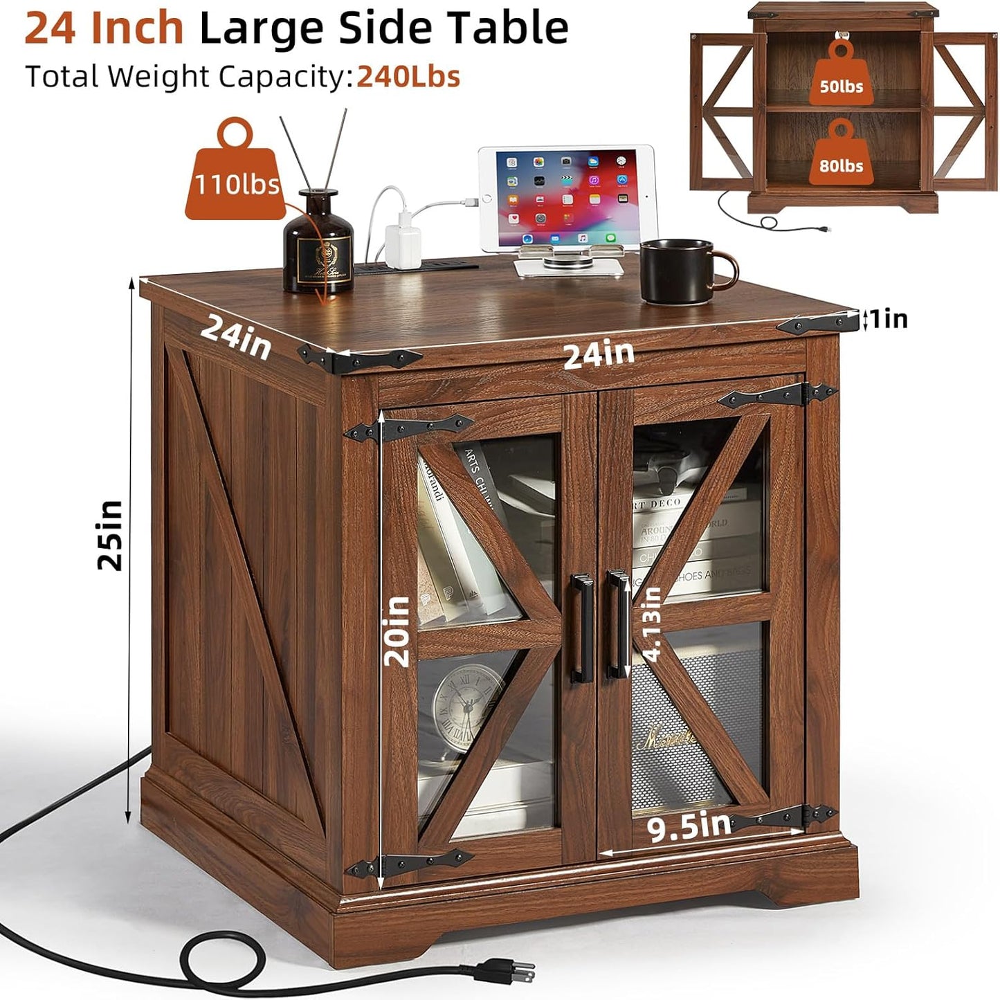 24" End Table Set of 2 with Charging Station, Farmhouse Night Stand with Glass Barn Door, Nightstands with Adjustable Storage Shelf, Large Wood Square Bed Side Table for Living Room,Bedroom