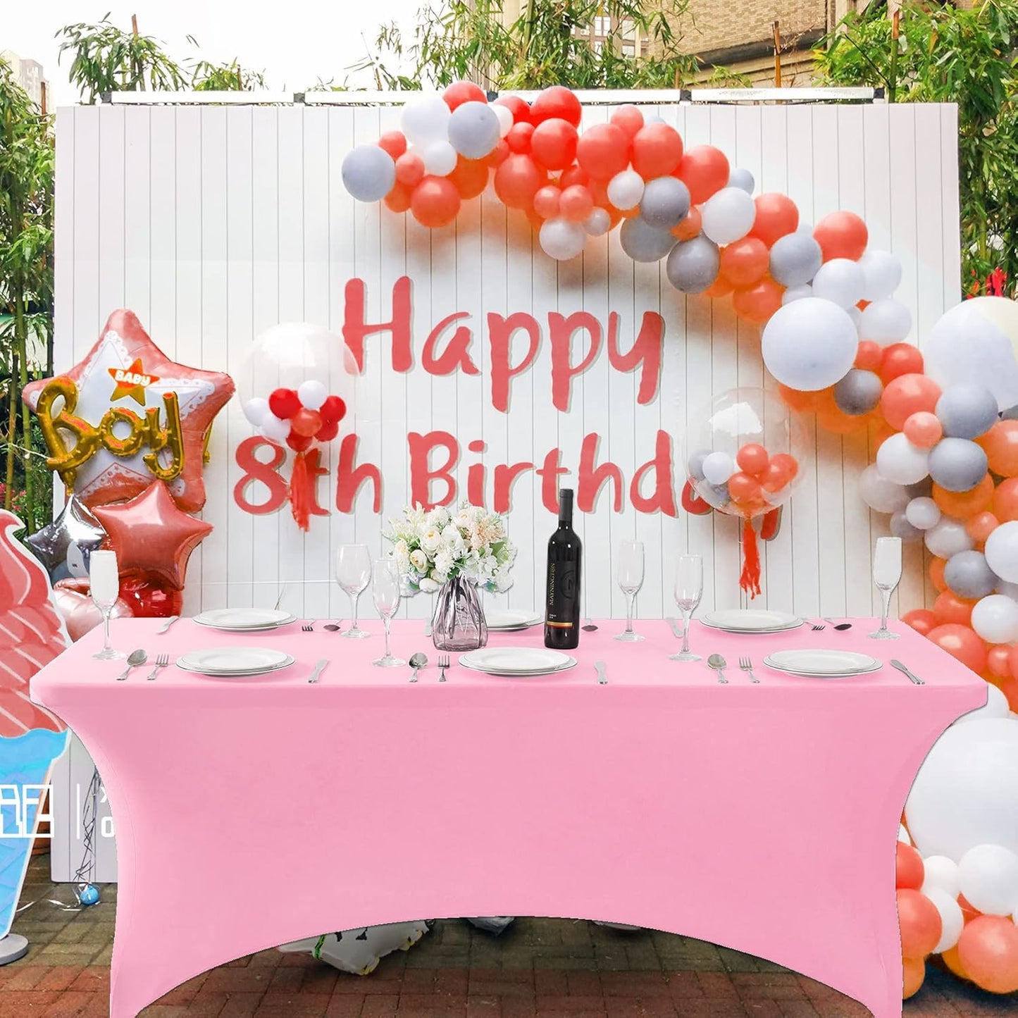 SuperO Waterproof Spandex Table Cover for 6FT Table Universal Fitted Stretch Tablecloth for Party, Banquet, Wedding and Events-Pink