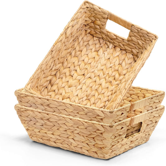 Set of 3 Snack Baskets, Wicker Snack Basket Organizer for Office, Small Wicker Baskets with Handles, (3 Medium Basket)