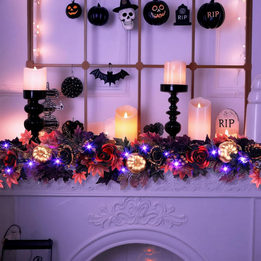SHareconn 9FT Halloween Garland with Purple Lights Battery Operated and Timer, Pre-Lit Black Red Maple Leaves Lighted Garland Decorations for Fireplace Mantle Centerpiece Indoor Outdoor Decor, 9 FT