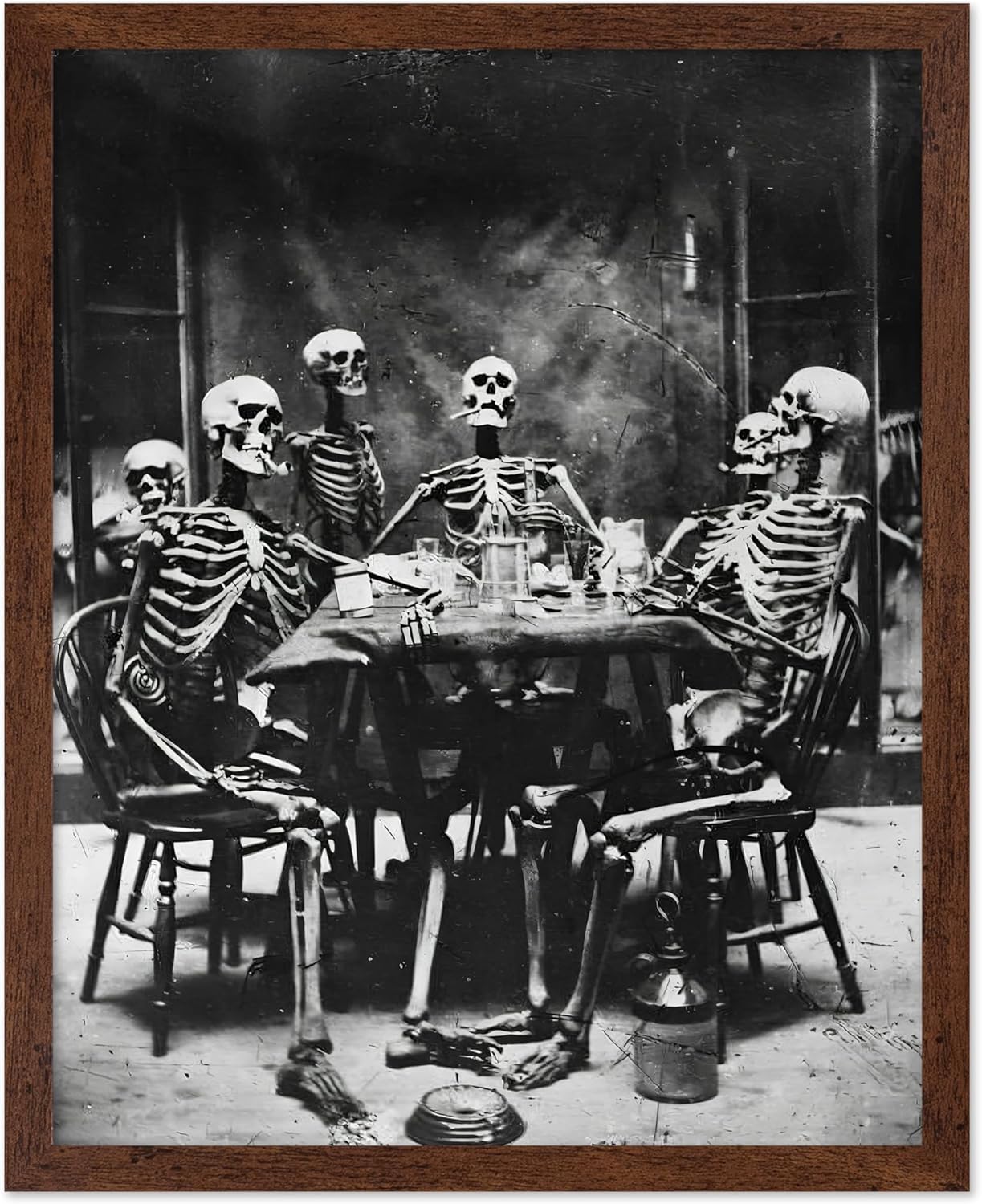 Poster Master Vintage Photograph Poster - Retro Daguerreotype Print - Gift for Artist, Friend - Skeletons Smoking at Table, Dinner Party, Goth - Wall Decor for Home, Dorm, 11x14 Brown Framed