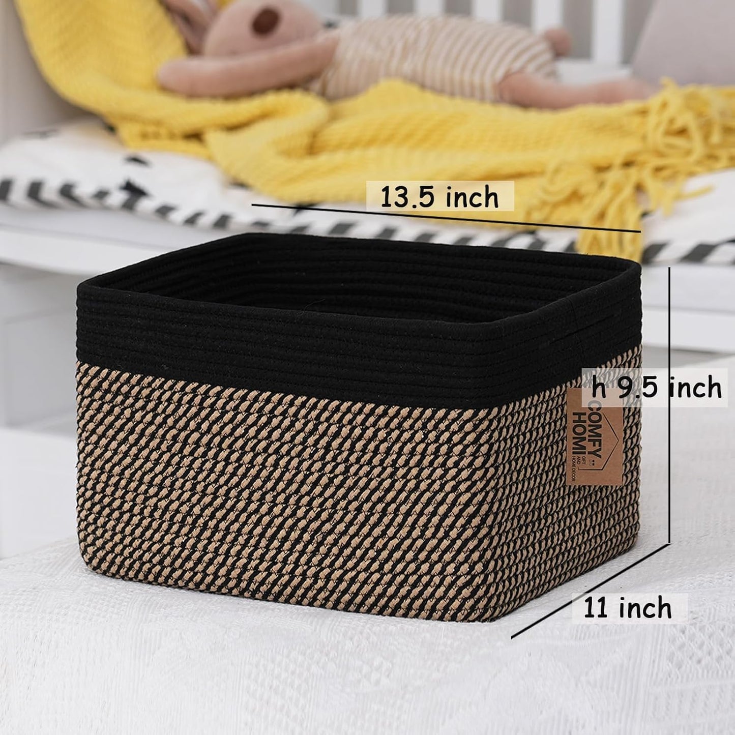COMFY-HOMI Cotton Rope Woven Basket with Handles for Shelves,Toys,Book, Cloth Storage Baskets Bin for Organizing-13.5"x11"x9.5" Toy Decorative Organizer for Living Room, Bathroom-Black/Jute
