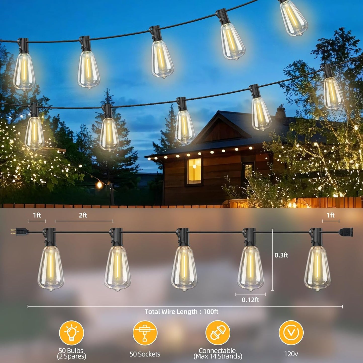 ST38 100FT LED Outdoor String Lights with 50 Shatterproof ST38 Bulbs+2 Spares, 2700K Warm White – for Backyard, Patio, Garden, Wedding, Party, Christmas, Porch, Deck, Gazebo, Bistro, Camping Decor