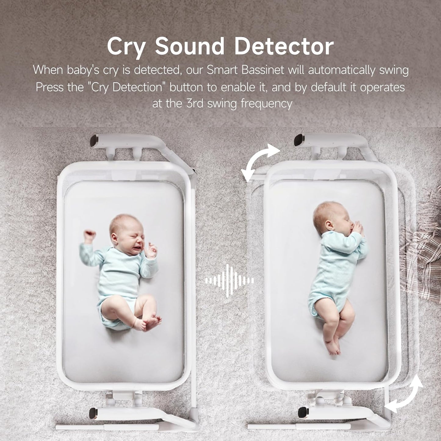 Maydolly Baby Bassinet, Smart Crib, Automatic Cry Detection and Response, Rocking Bassinet for Baby, 7 Height Adjustable with Mattress for Newborns (White)