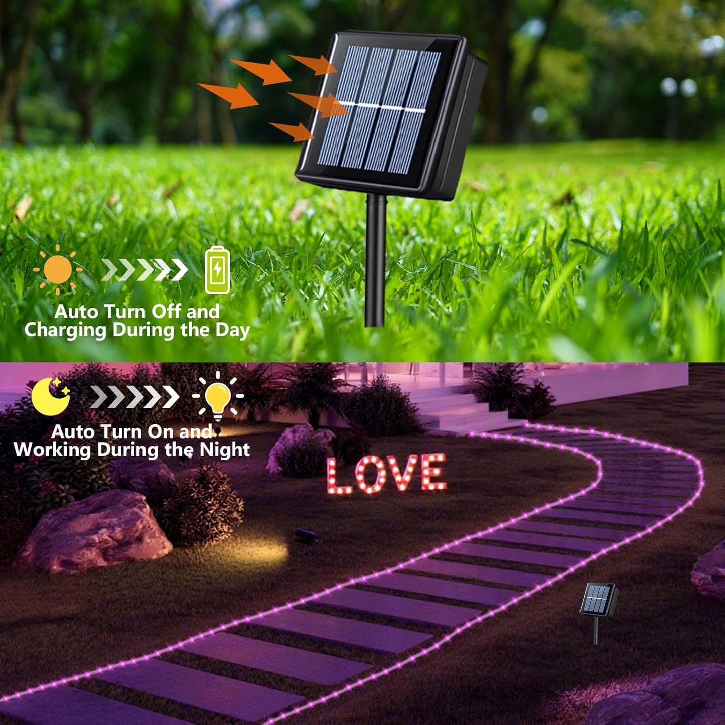 YEGUO Pink Solar Rope Lights Outdoor Waterproof, 2 Packs Each 33ft 100 LED String Lights for Outside, 8 Modes Fairy Lights in Clear Thin Tube for Valentine Party Garden Tree