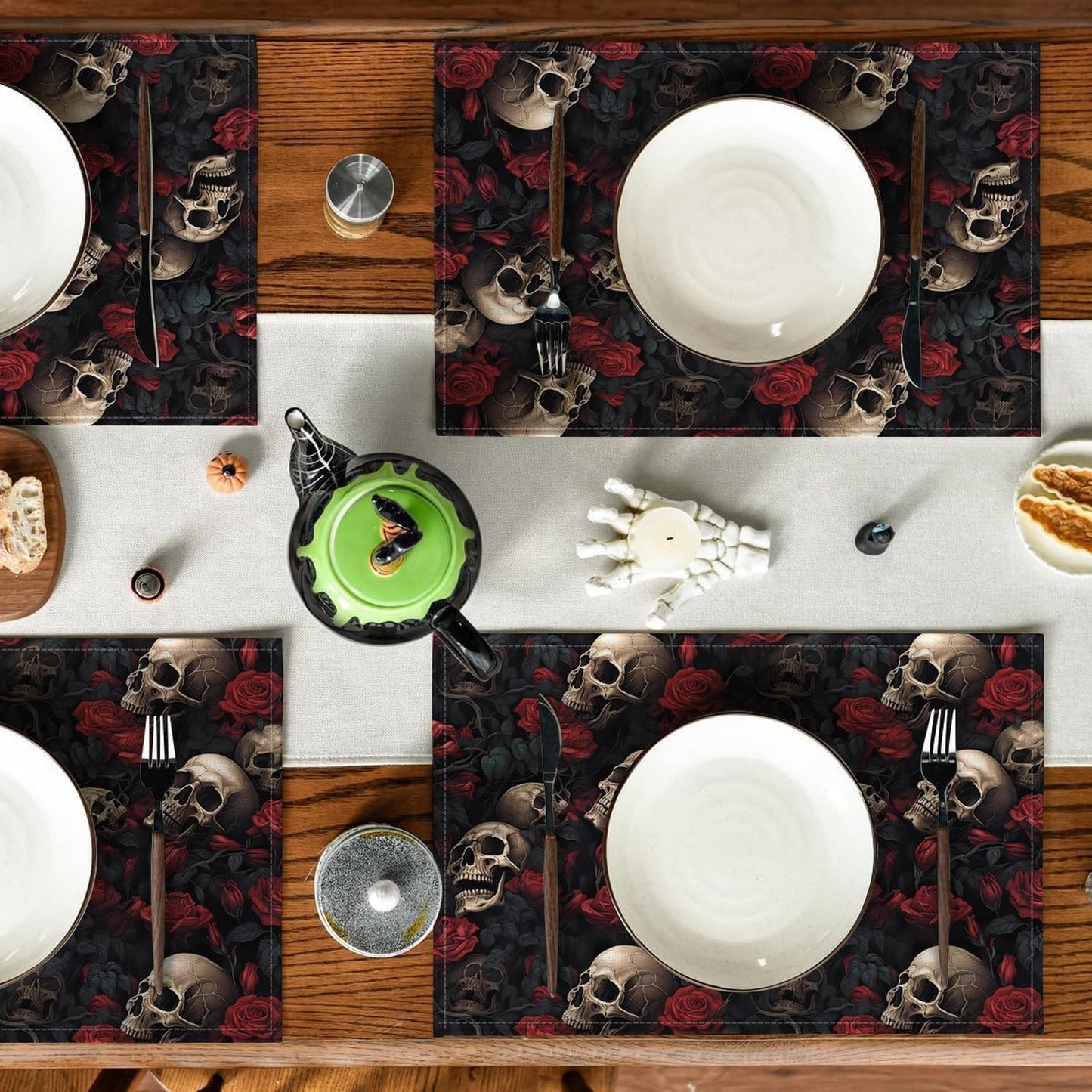Halloween Skull Rose Placemats, Washable Heat Resistant 12×18 Inch Table Mats Floral Place Mats for Party Outdoor Decoration Kitchen Dining Décor