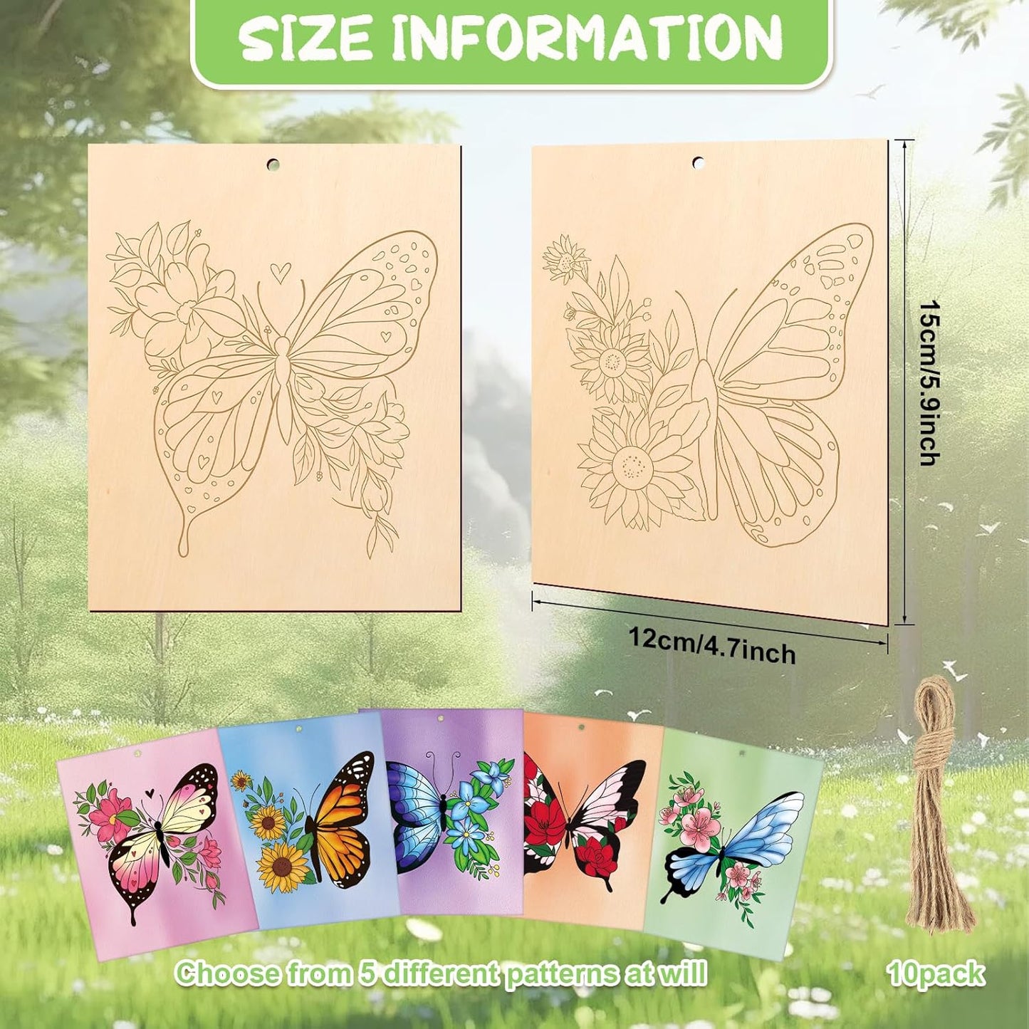 COCHIE 10 Pieces Large Spring Butterfly Unfinished Wood Crafts to Paint for Adults and Kids, Bulk Predrilled Wooden Ornaments for Painting, Butterflies Paintable Wood Slices Craft Supplies with Ropes