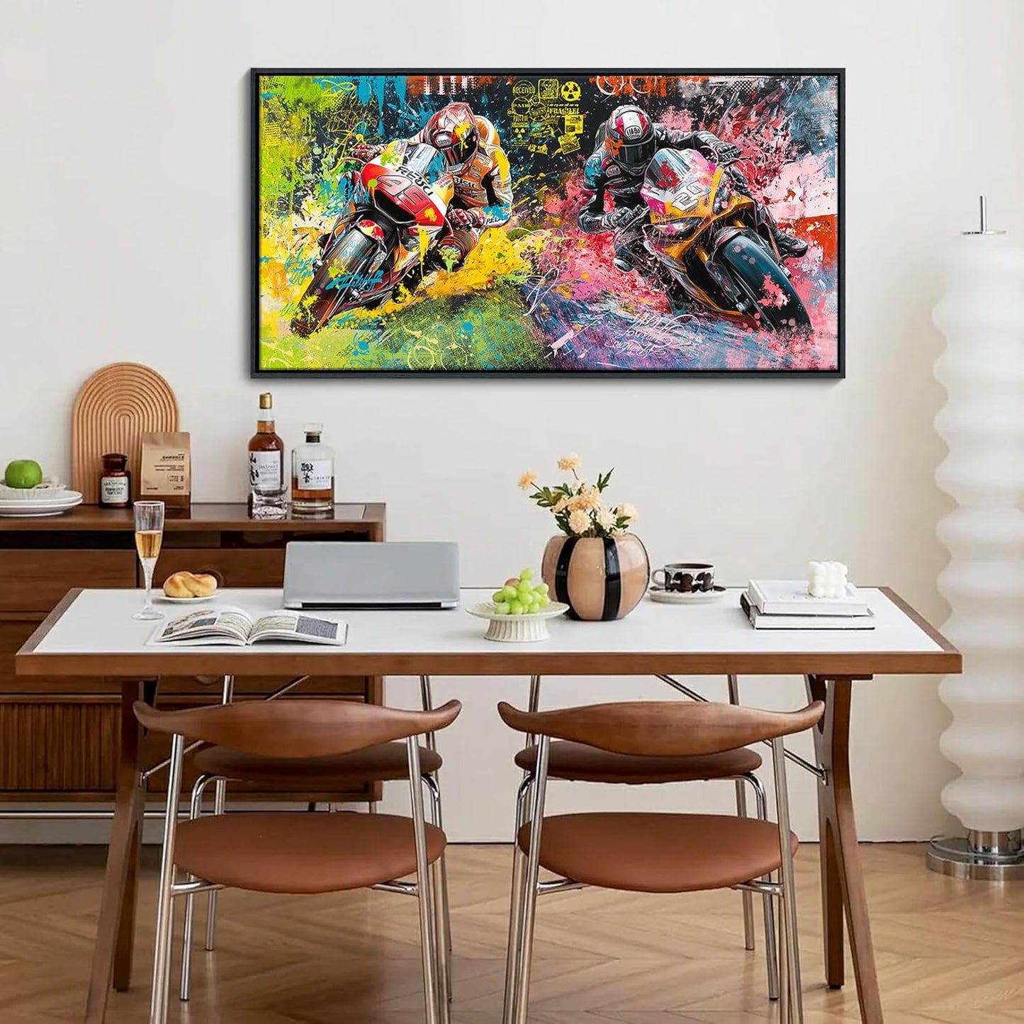 JEAWA Framed Canvas Wall Art - 20x40 In Abstract Painting Decor, Motorcycle Racing Color Graffiti Pictures, Modern Art Prints for Bedroom Living Room Bathroom Home Decoration
