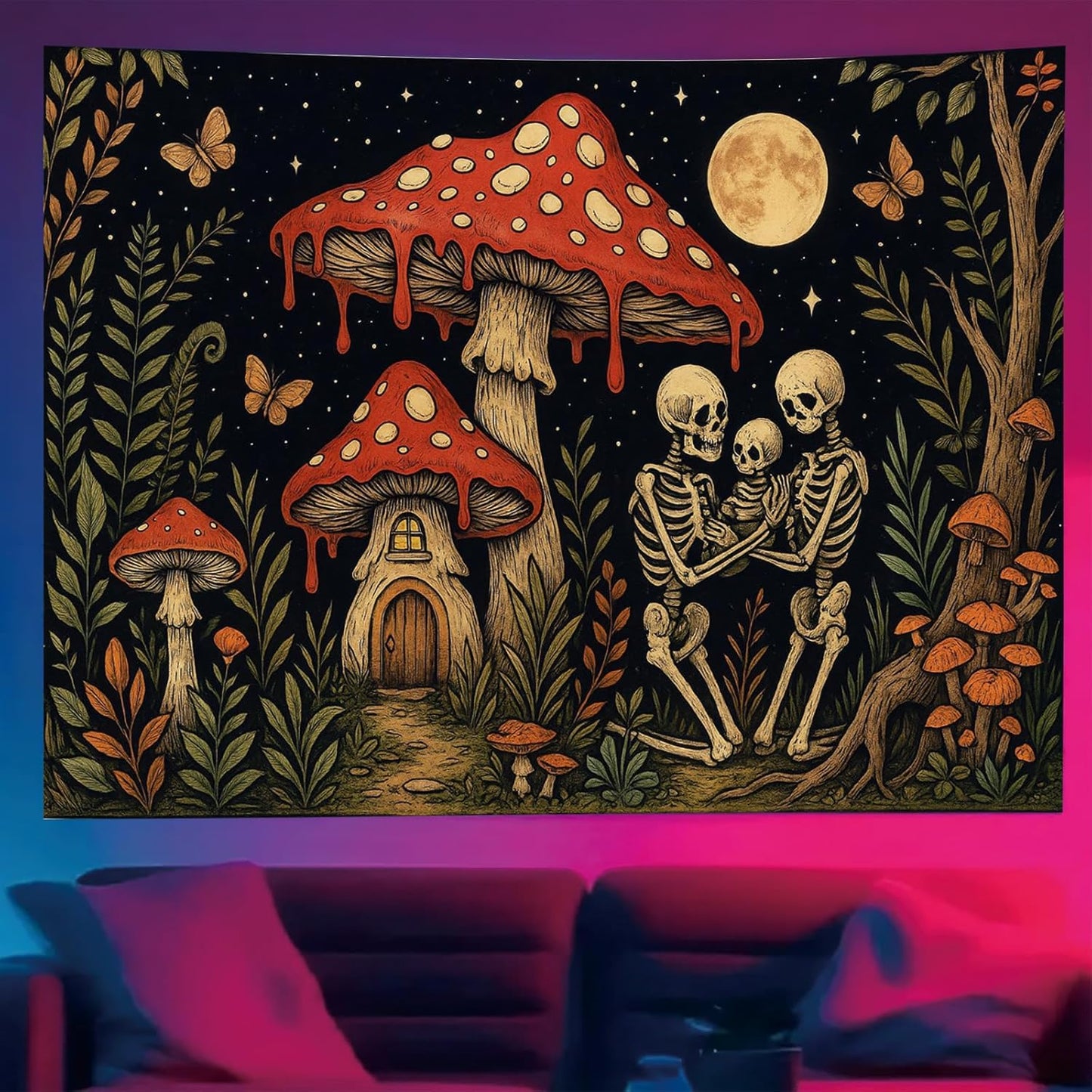 Starlit Patio Skeleton Family Blacklight Tapestry UV Reactive Wall Hanging Mushroom House and Moon for Bedroom Dorm Living Room Glowing Cottagecore Decor Fluorescent Trippy Poster 78 x 59 Inch