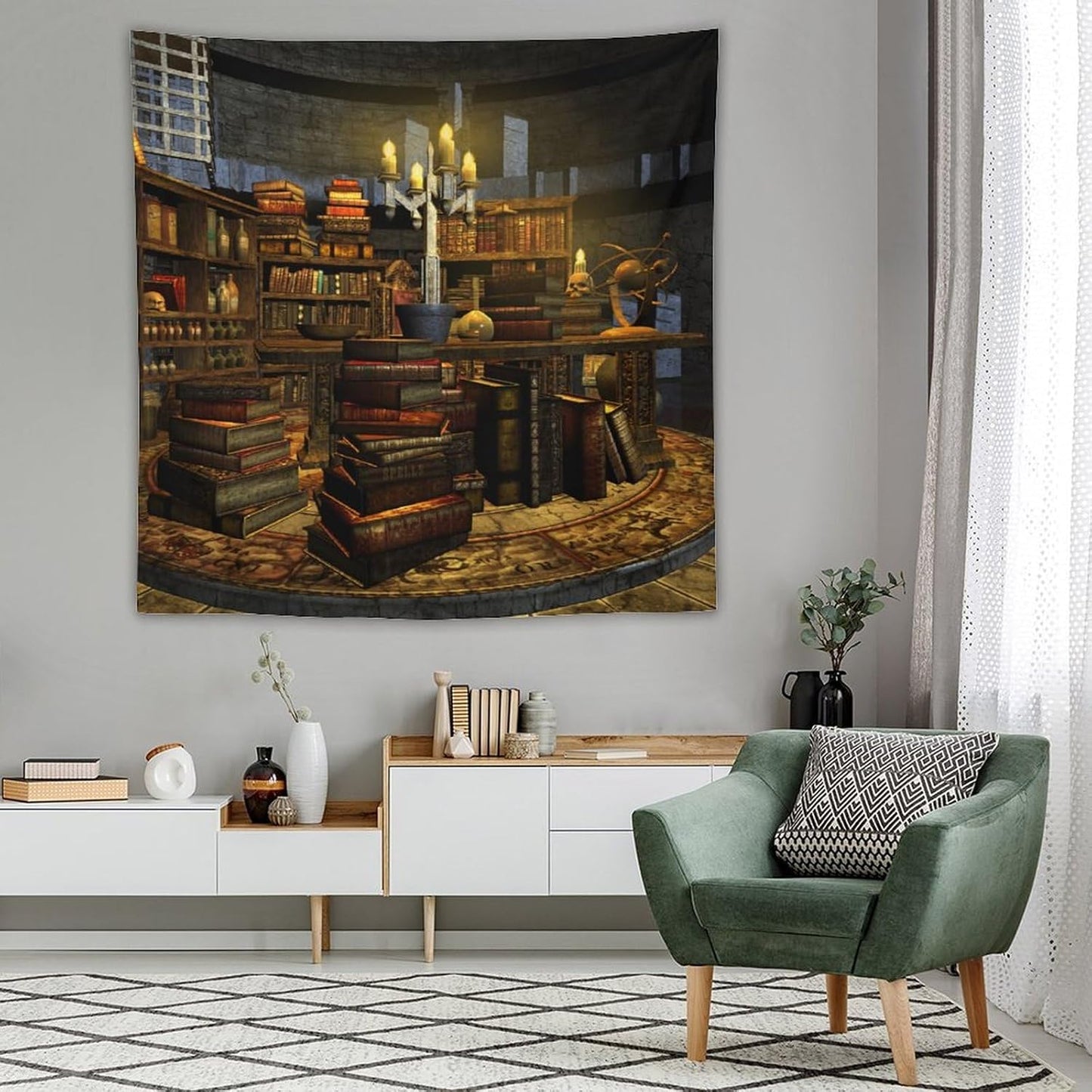 Kurtect Library Tapestry,Vintage Medieval Bookshelf Wooden Bookcase Antique Magic Art Tapestries for Party Beach Picnic Blankets Tablecloths Living Room Wall Deocr, 60x60 in