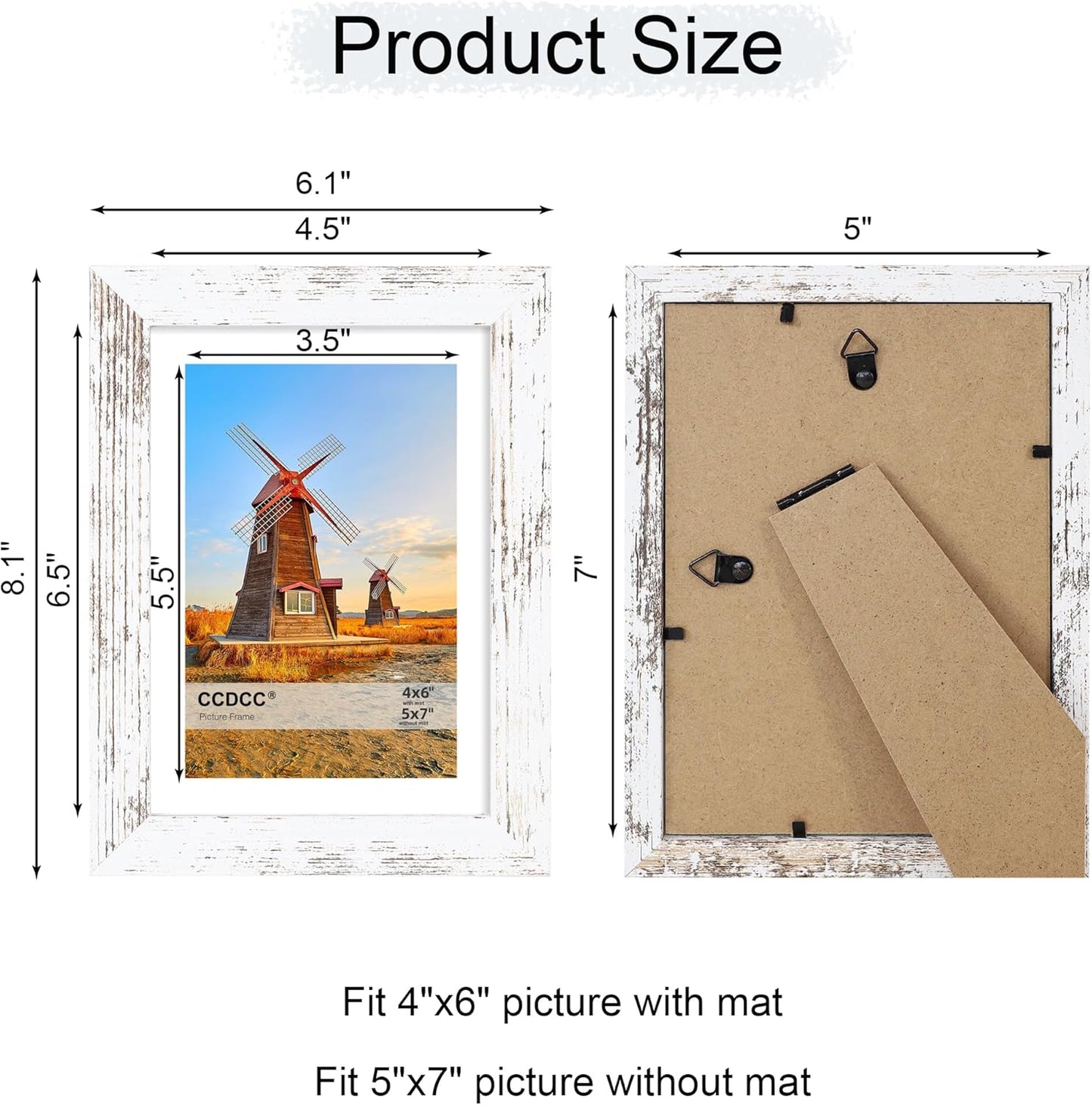 5x7 Picture Frame Set of 4, 5 x 7 Wood Photo Frames with Mat for 4x6, Rustic Natural Wooden Frame with Real Glass Cover for Wall and Tabletop Display,Distressed White