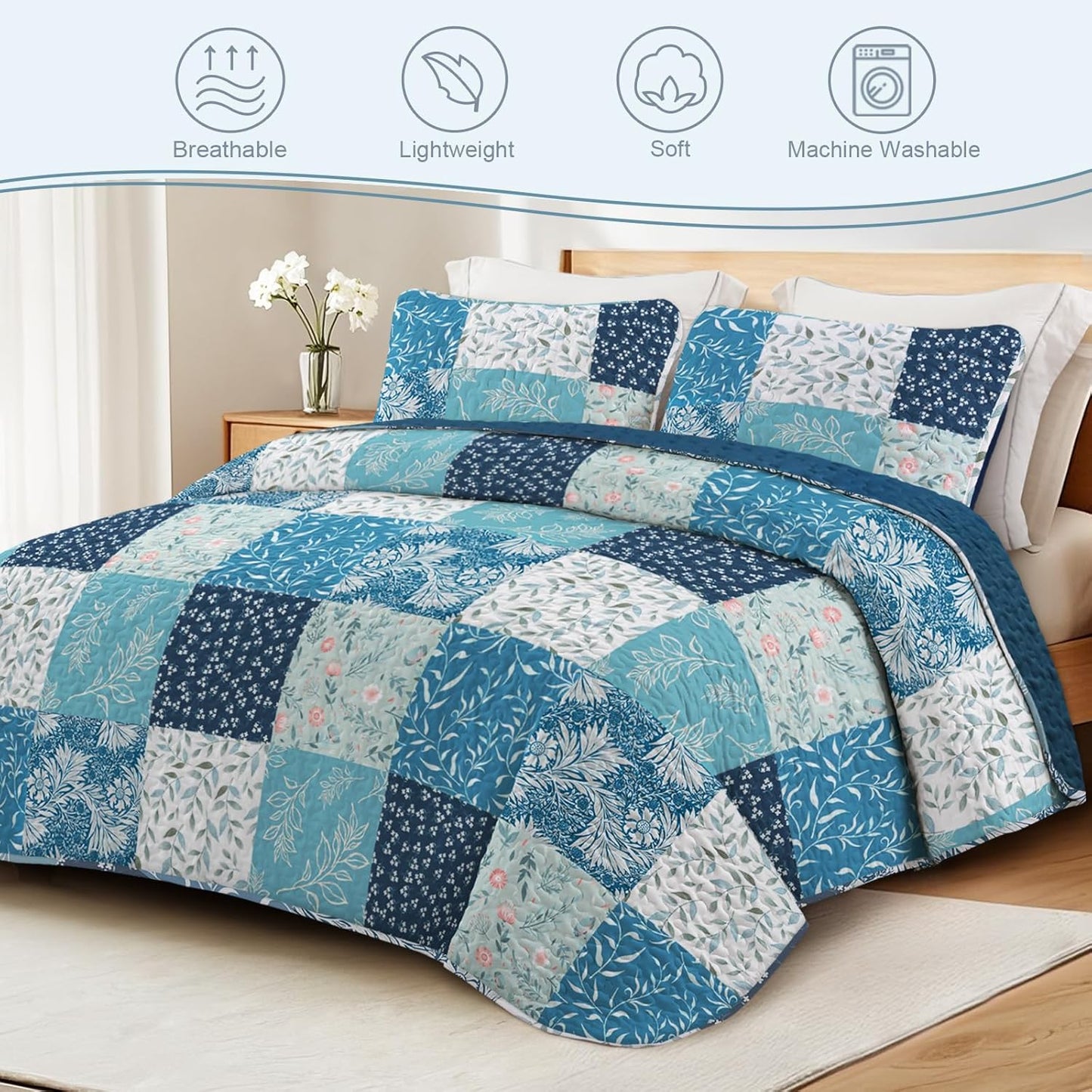 Exclusivo Mezcla Reversible Boho Quilt Set Queen Size, 3 Pieces Patchwork Navy Blue All Season Bedspreads, Ultra Soft Floral Coverlet Bedding Set with Printed Pattern (1 Quilt, 2 Pillow Shams)