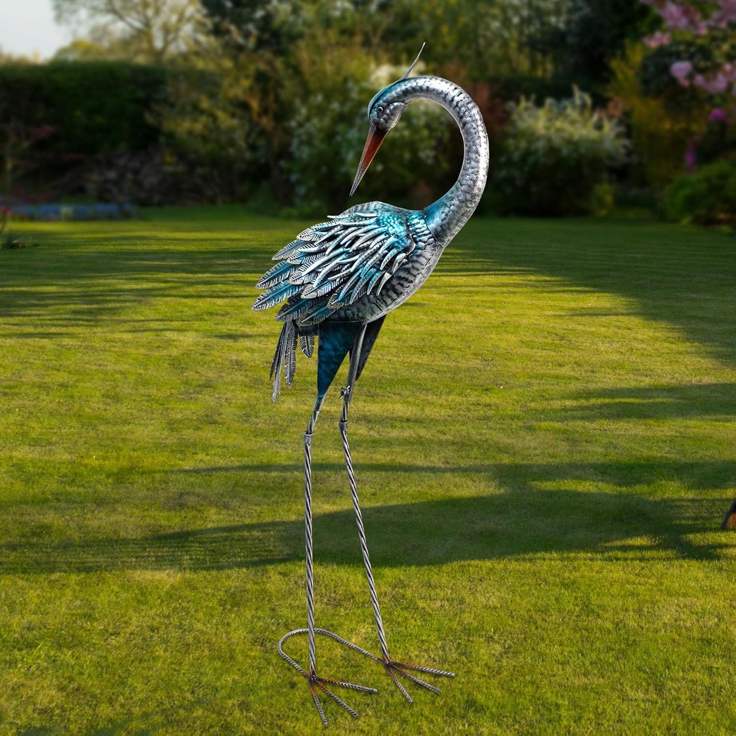 37 Inch Blue Heron Crane Statue, Metal Yard Art Outdoor Decoy, Garden Sculpture for Lawn/Pond Decoration, 1Pc, ORTBL-CR24053A-18