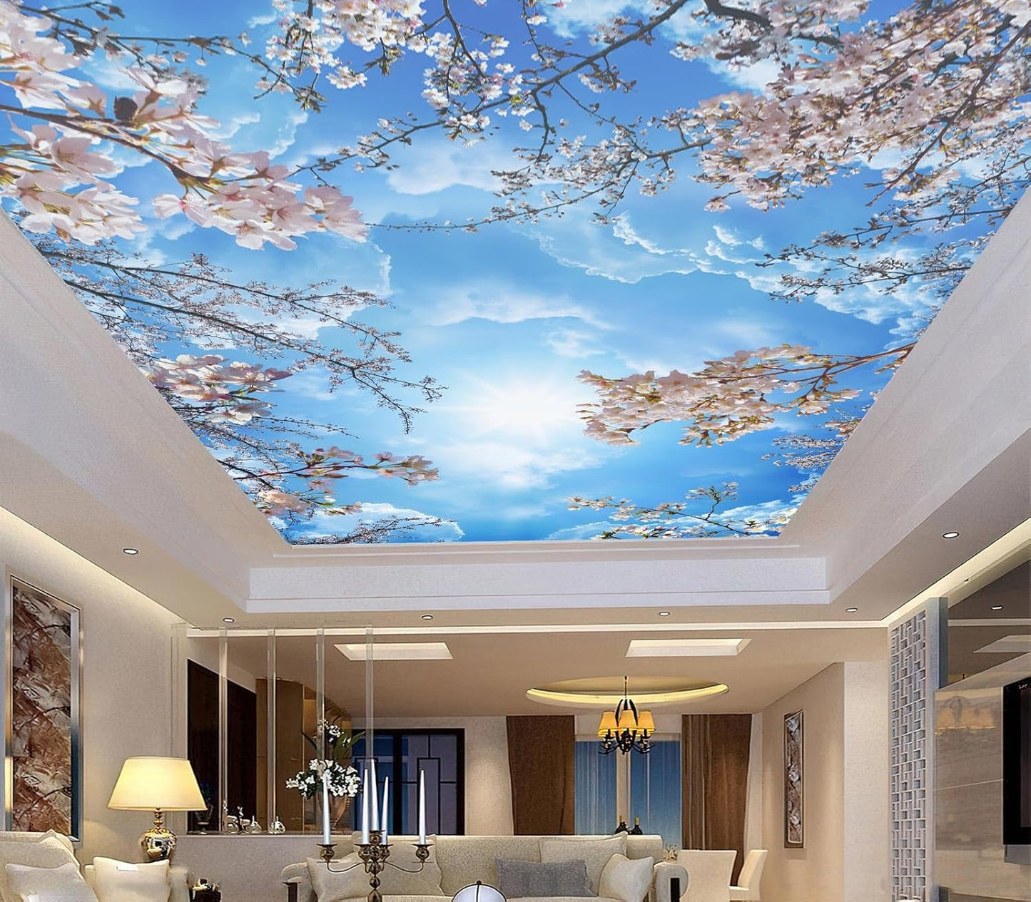 Sky Cherry Blossom Ceiling 3D Wall Mural Wallpaper 178" x 117"