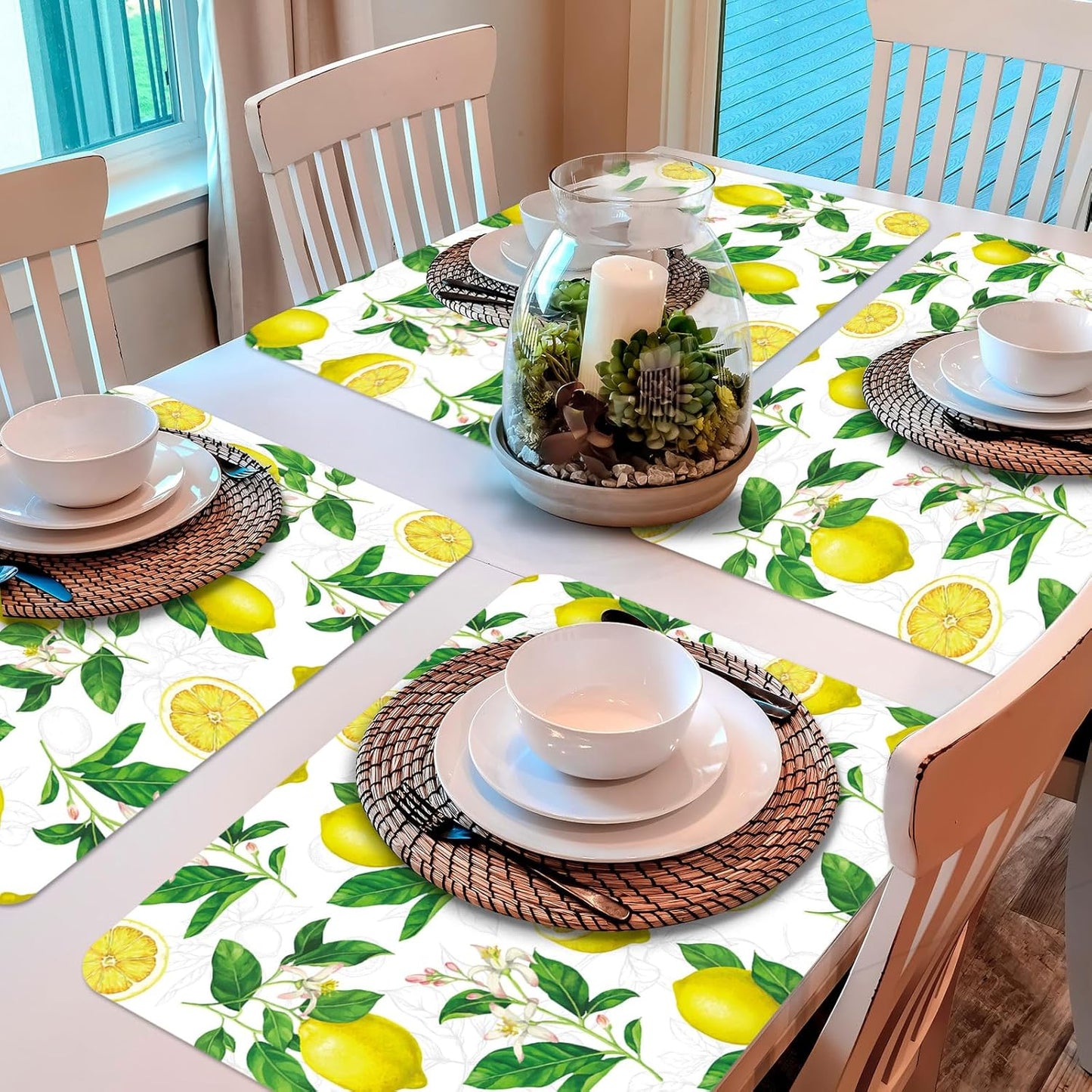 Lemon Placemats Set of 6 Summer Plastic Table Mats Yellow Lemonade Theme Place Mats Washable Vinyl Rustic Holiday Table Decoration for Indoor Outdoor Party Kitchen Dining
