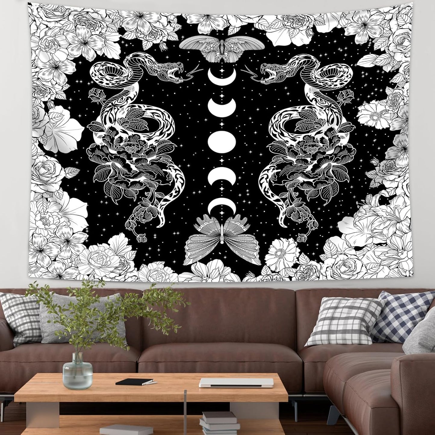 dueeia Moon Phase Witchy Tapestry Wall Hanging Snake Witch Occult Black and White Dark Tapestries for Bedroom Aesthetic Living Room Wall Decor (28.7"x37.4")