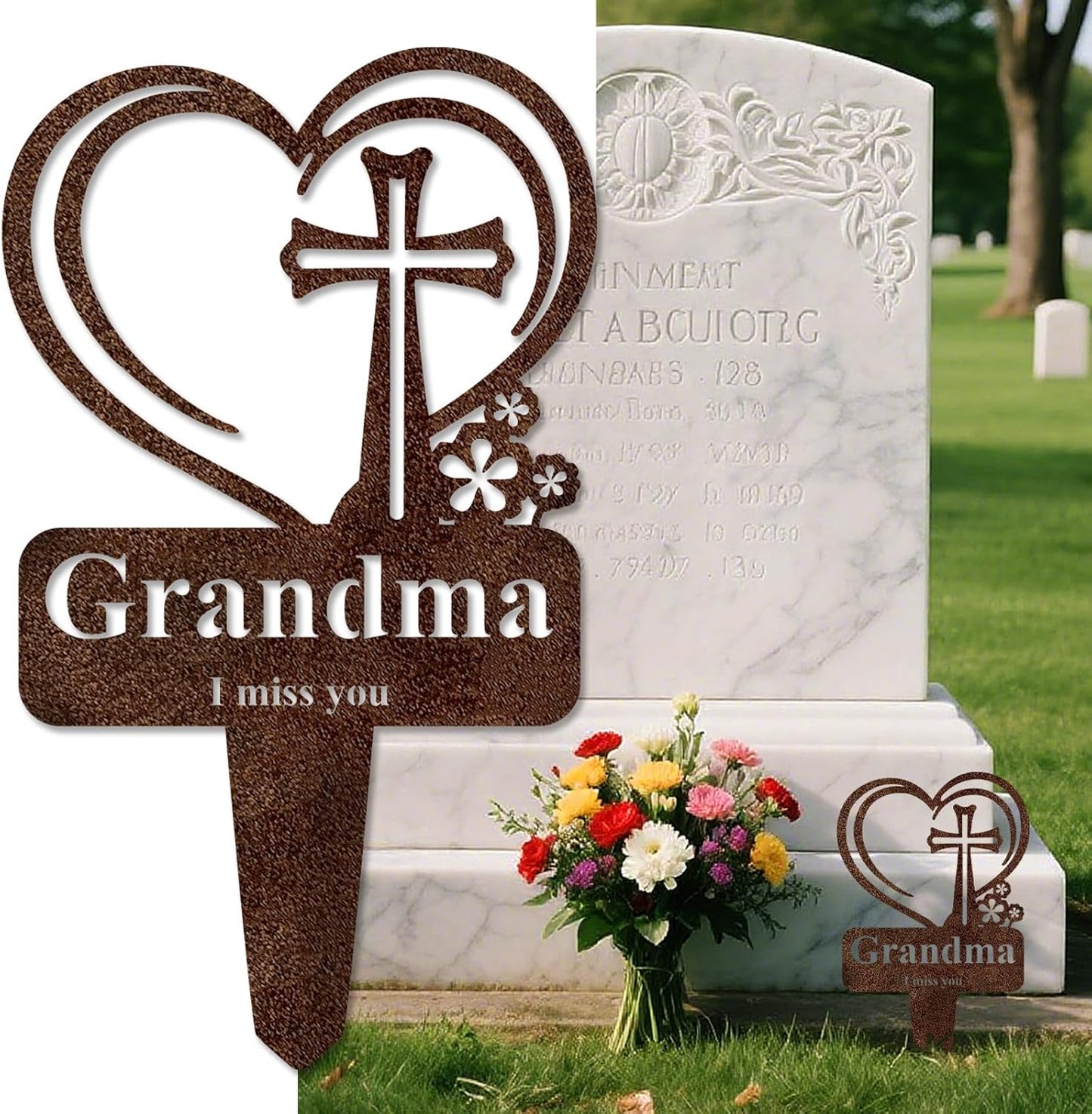 Grandma Memorial Grave Stake, Cemetery Decorations for Grave Markers 12.5 x 7.2 inch Heart Metal Sympathy Stakes Graveside Plaque Decor Sign for Grandma Graves, Yard, Garden - Rust-Grandma