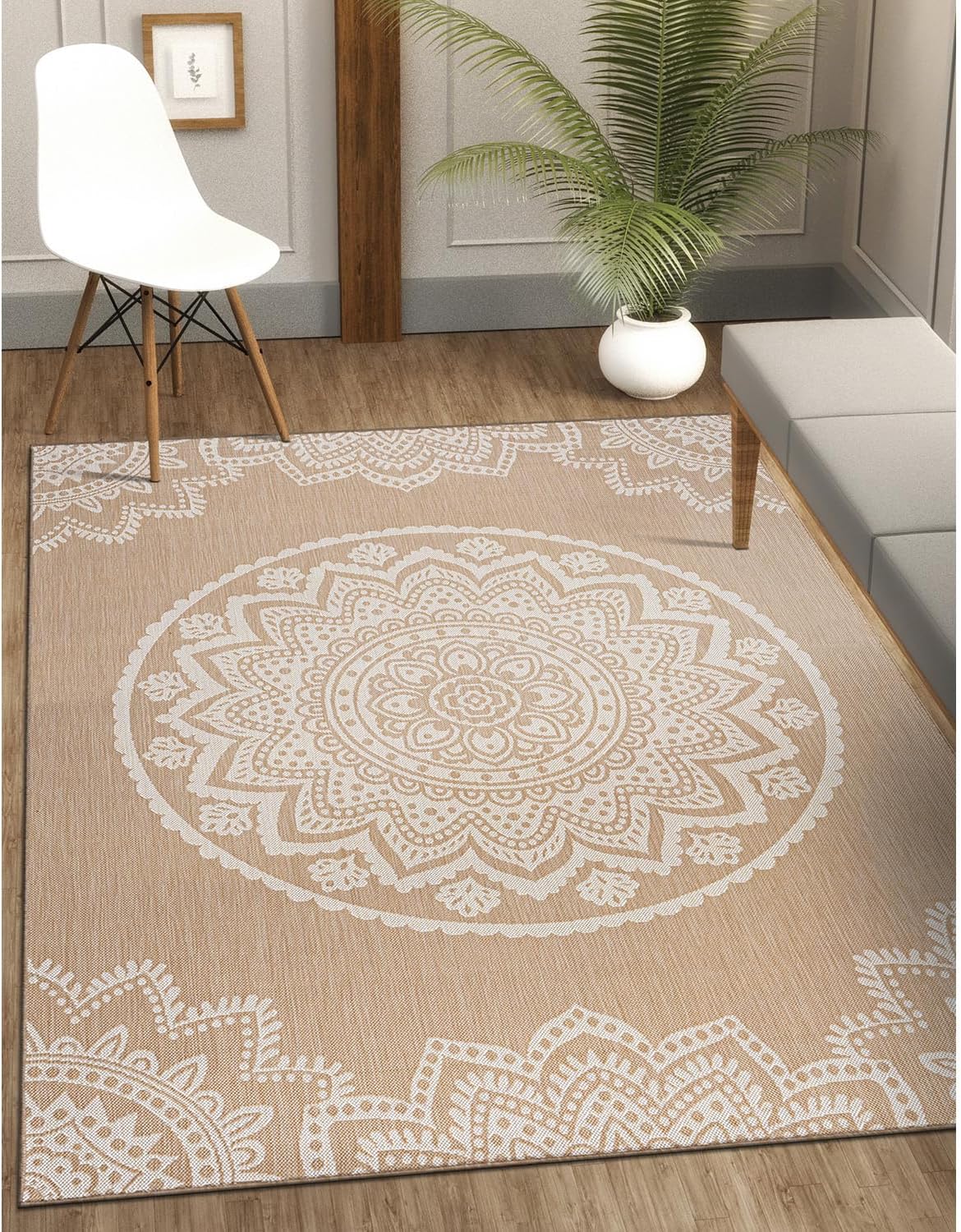 CAMILSON Outdoor Rug 8x10 Modern Area Rugs for Indoor and Outdoor Patios and Porches - Waterproof, Washable, Non-Shedding, Easy-to-Clean Outside Carpet (8 x 10, Medallion - Beige/White)