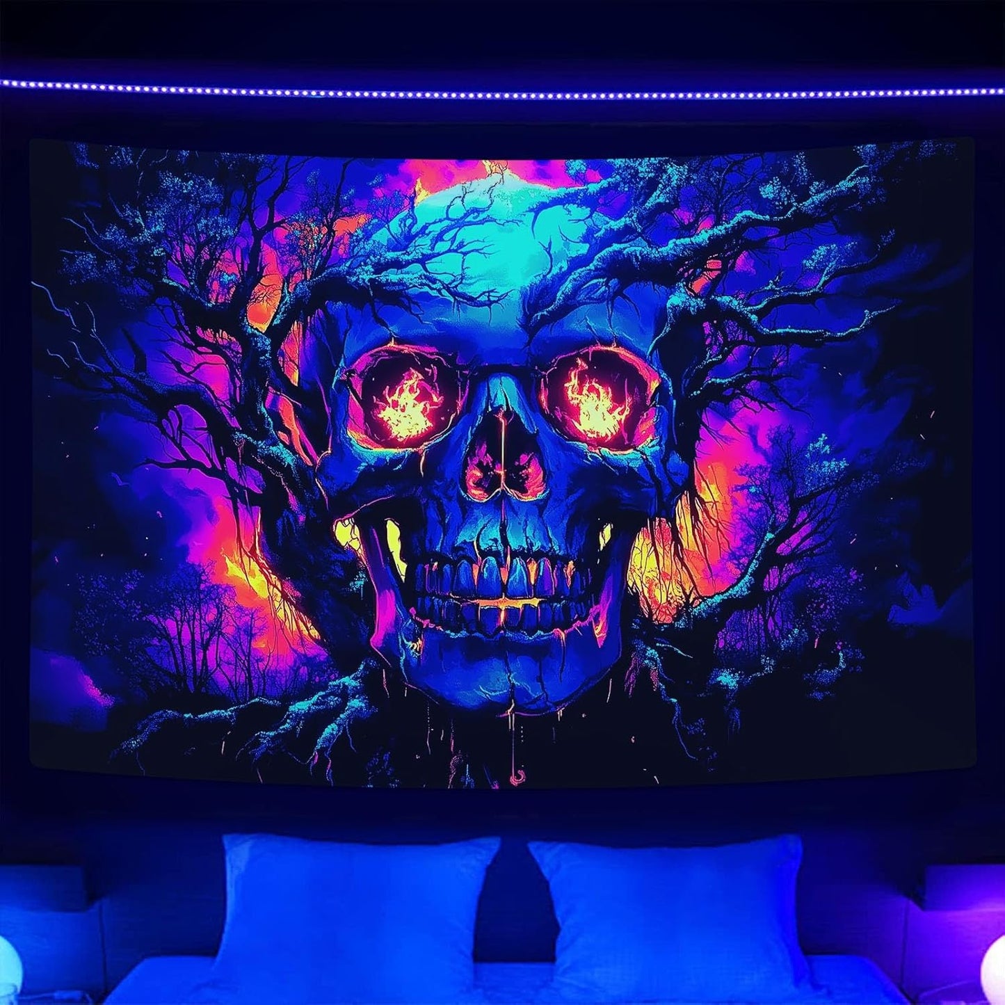Xiaoput Blacklight Fire Skull Tapestry for Bedroom, Trippy UV Reactive Burning Skeleton Forest Wall Hanging Tapestries, Scary Dark Horror Glow in the Dark Tapestries for Living Room Home Dorm 60X40IN