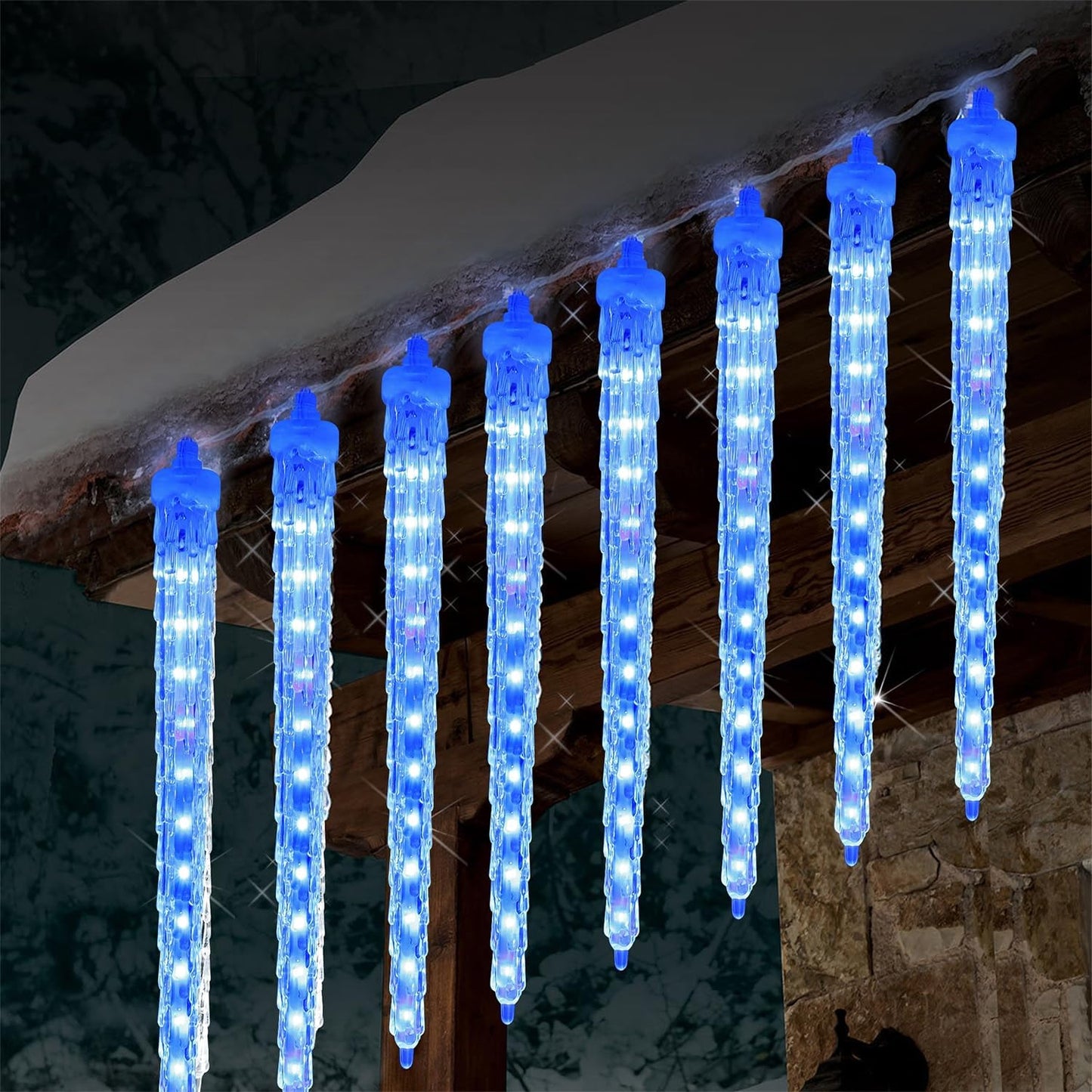 WATERGLIDE 16 Icicles Meteor Shower Lights, 12" Outdoor Christmas Icicle 384 SMD LED Crystal Ice Falling, Connectable Raindrop Iciclelight, Xmas Winter Party Tree Holiday Decor, Blue