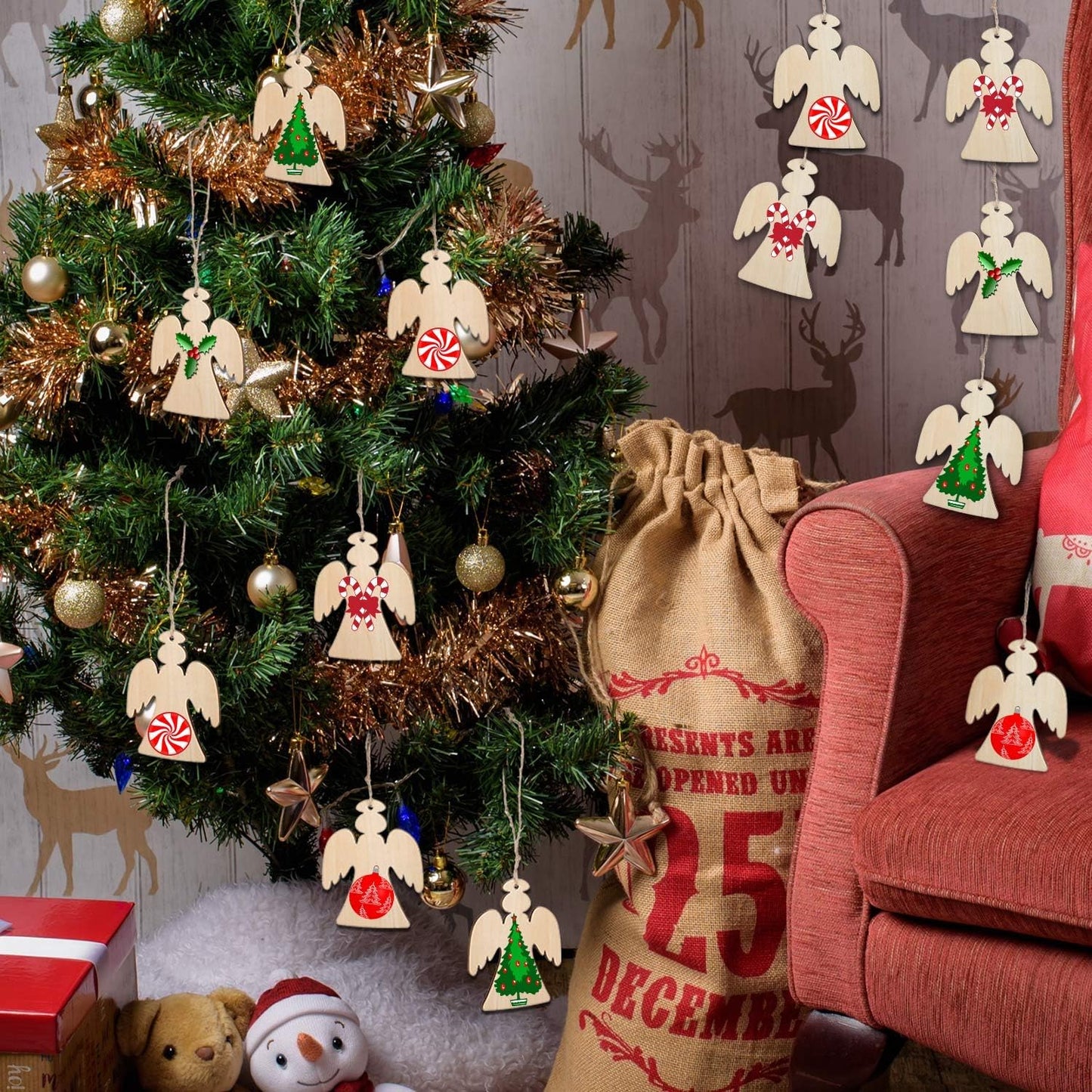 Blulu 60 Pieces Christmas Wooden Ornaments Round Wood Slices Snowflake Angel Shape with Cords for DIY Crafts New Year Christmas Tree Pendant Ornaments