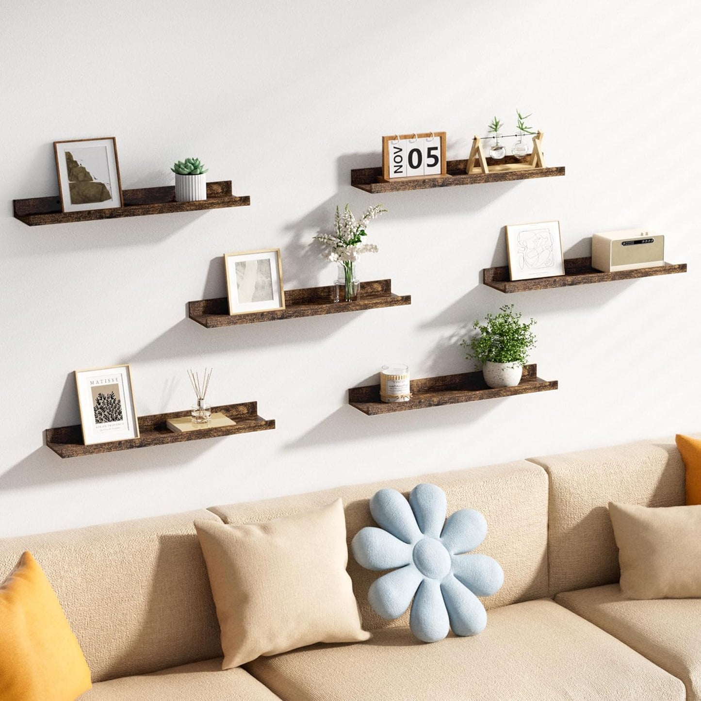 upsimples Floating Shelves for Wall, Wall Shelves for Decor Storage Set of 6, Wall Mounted Wood Shelf for Bedroom, Living Room, Bathroom, Kitchen, 23.6 inch Long Picture Ledge Shelf, Brown